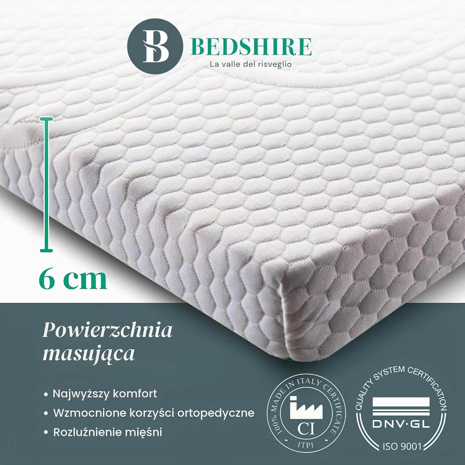 Detalle de Bedshire Topper 180x200 – nakładka z pianki memory HD, 6 cm, bawełniany pokrowiec