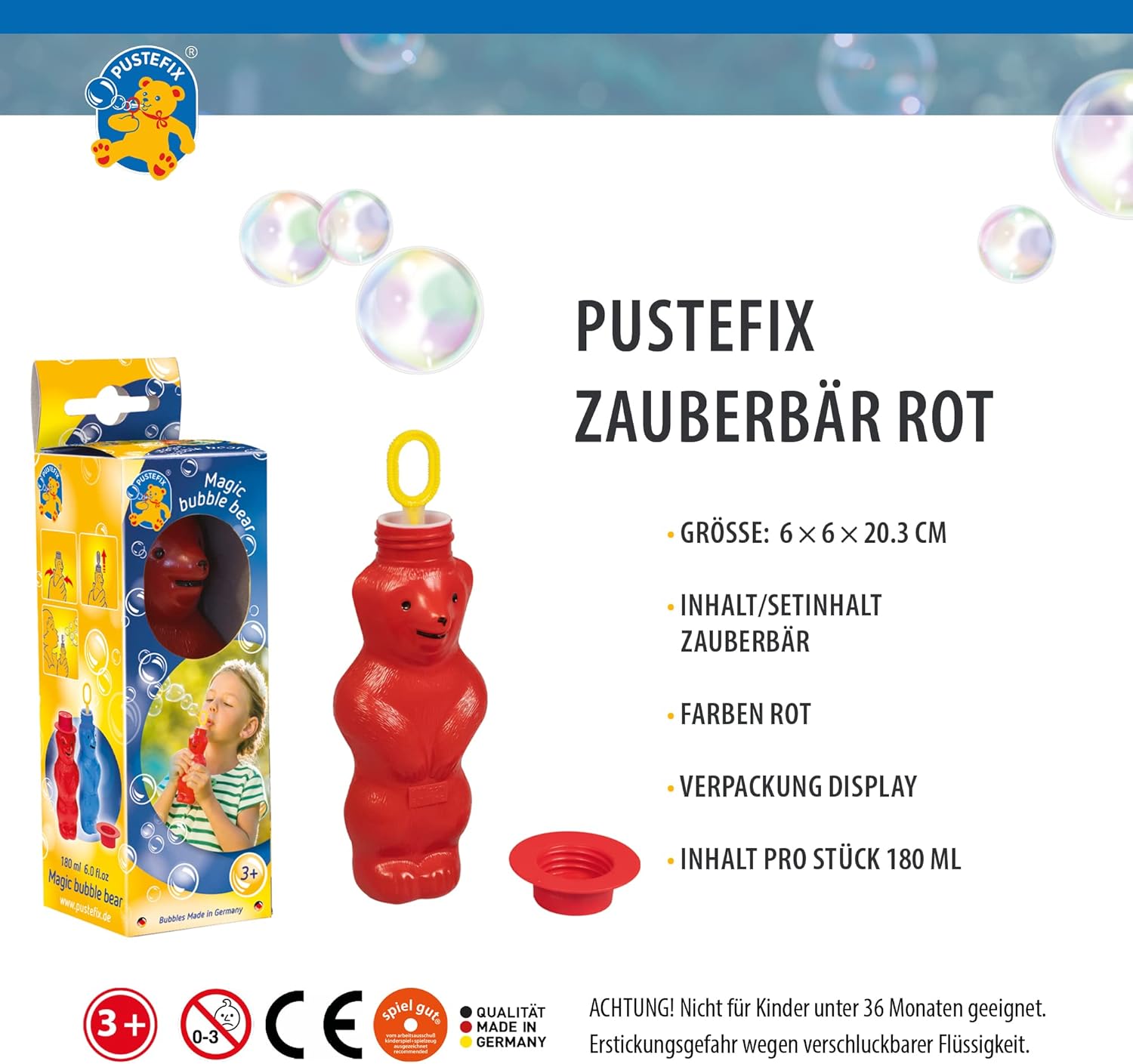 Detalle de PUSTEFIX Zauberbär Rot I – Seifenblasenwasser 180 ml
