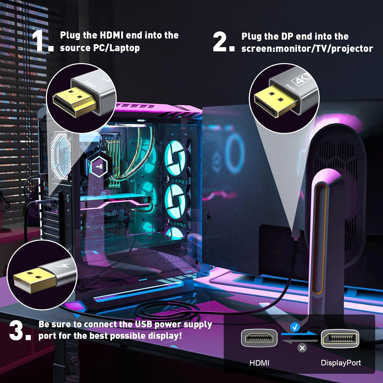 Thumbnail 2 de UANTIN Active HDMI to DisplayPort Cable (10FT) — 4K 60Hz Uni-Directional Adapter for HDMI Source to DP Monitor