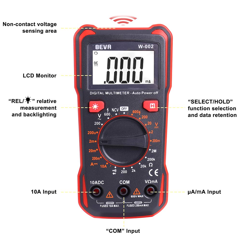 Detalle de BEVA digitale multimeter met achtergrondverlichting en temperatuurmeting tot 1.000 °C