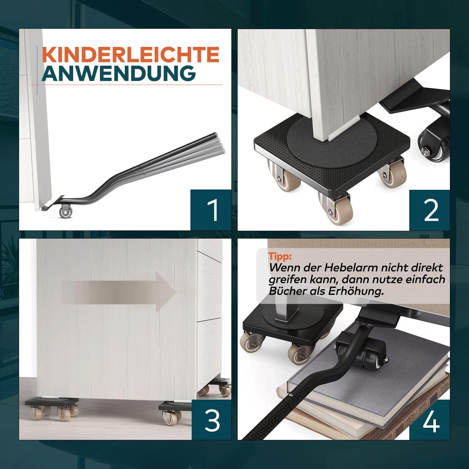 Detalle 2 de FairMO Möbelheber für schwere Möbel – 4 Möbelroller und 1 Lastenheber (Anti-Rutsch-Pads) | Schonende Transportrollen aus TPE