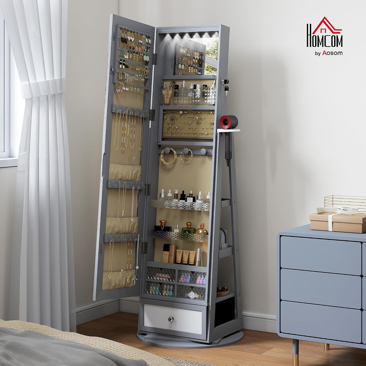 Detalle 2 de HOMCOM espejo joyero con luces LED y armario giratorio 360° (gris claro y beige)