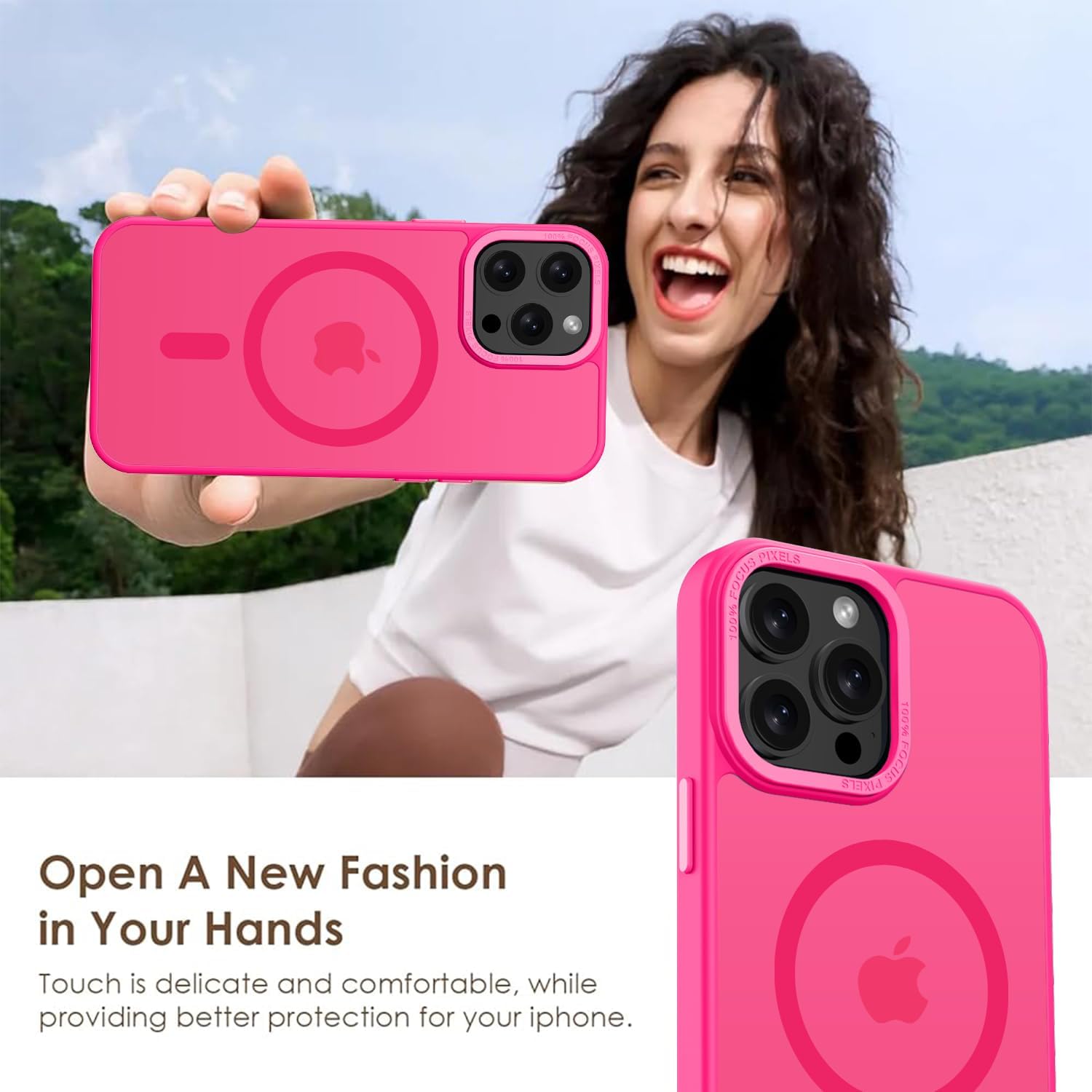 Detalle de KPPIT Rose Red MagSafe Case for iPhone 15 Pro Max – Frosted Translucent Back, Shockproof 6 ft Protection