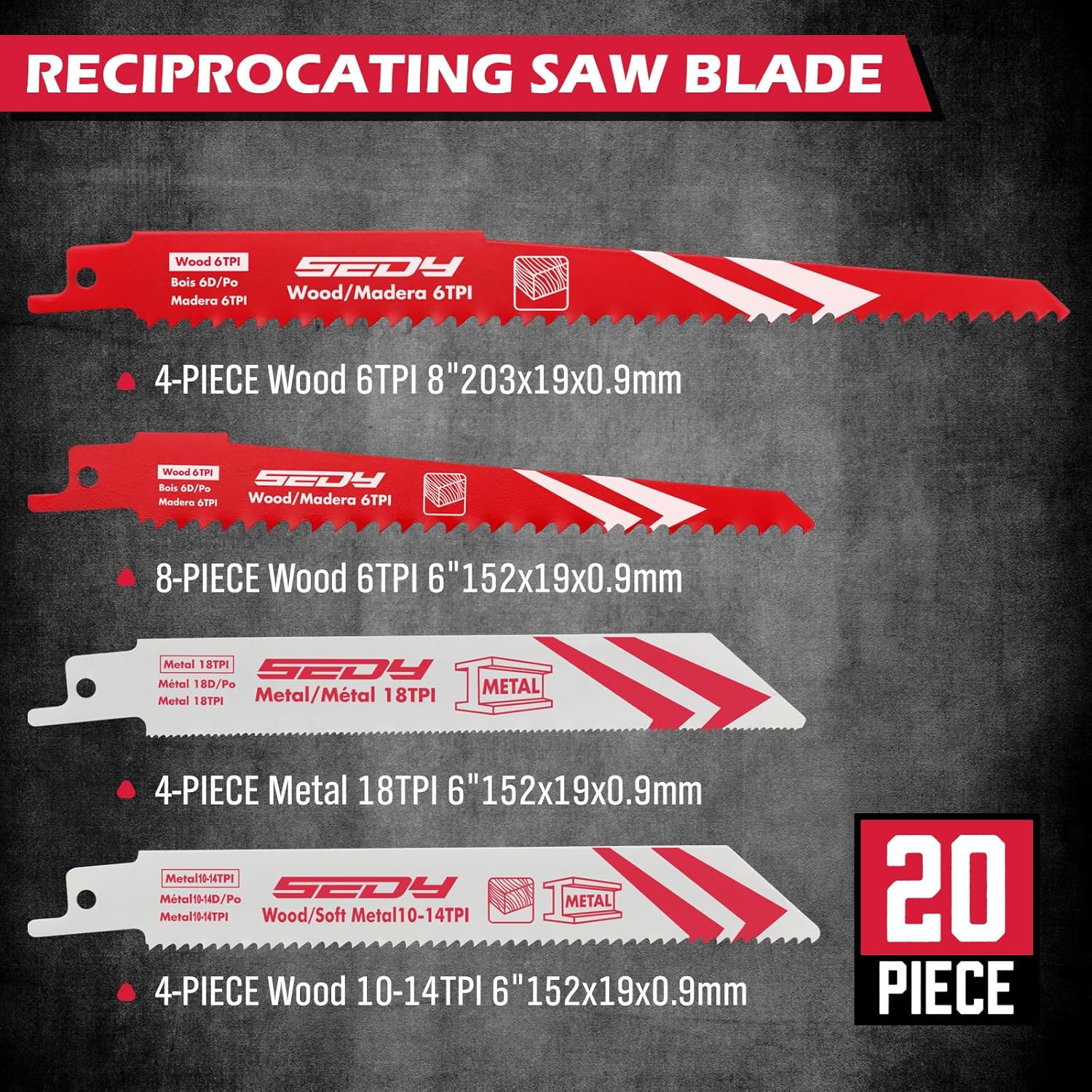 Detalle de SEDY 82064 Reciprocating Saw Blade Set, 6- and 8-Inch, 20-Piece