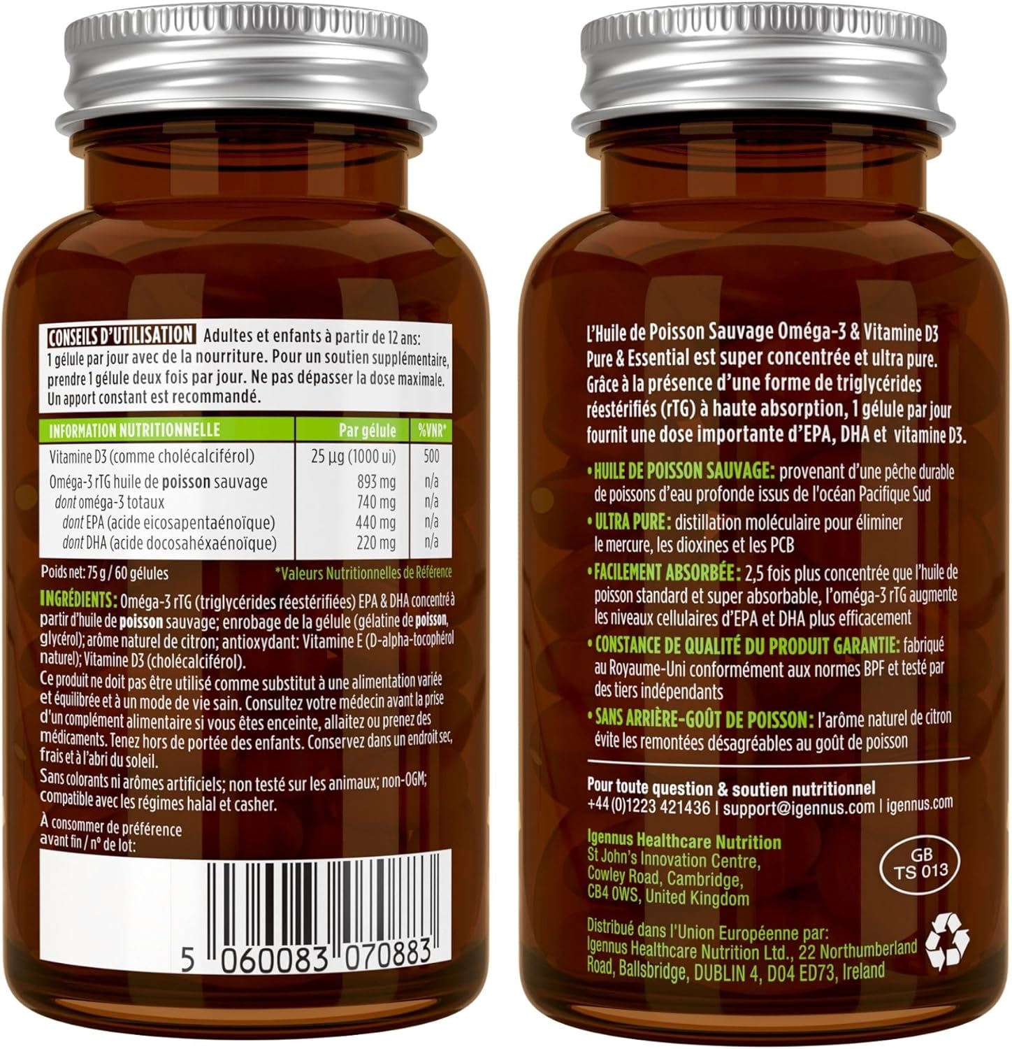 Detalle de Igennus Haute Concentration Omega 3 Huile De Poisson Sauvage & D3 – 660 mg EPA/DHA, 60 doses, arôme citron