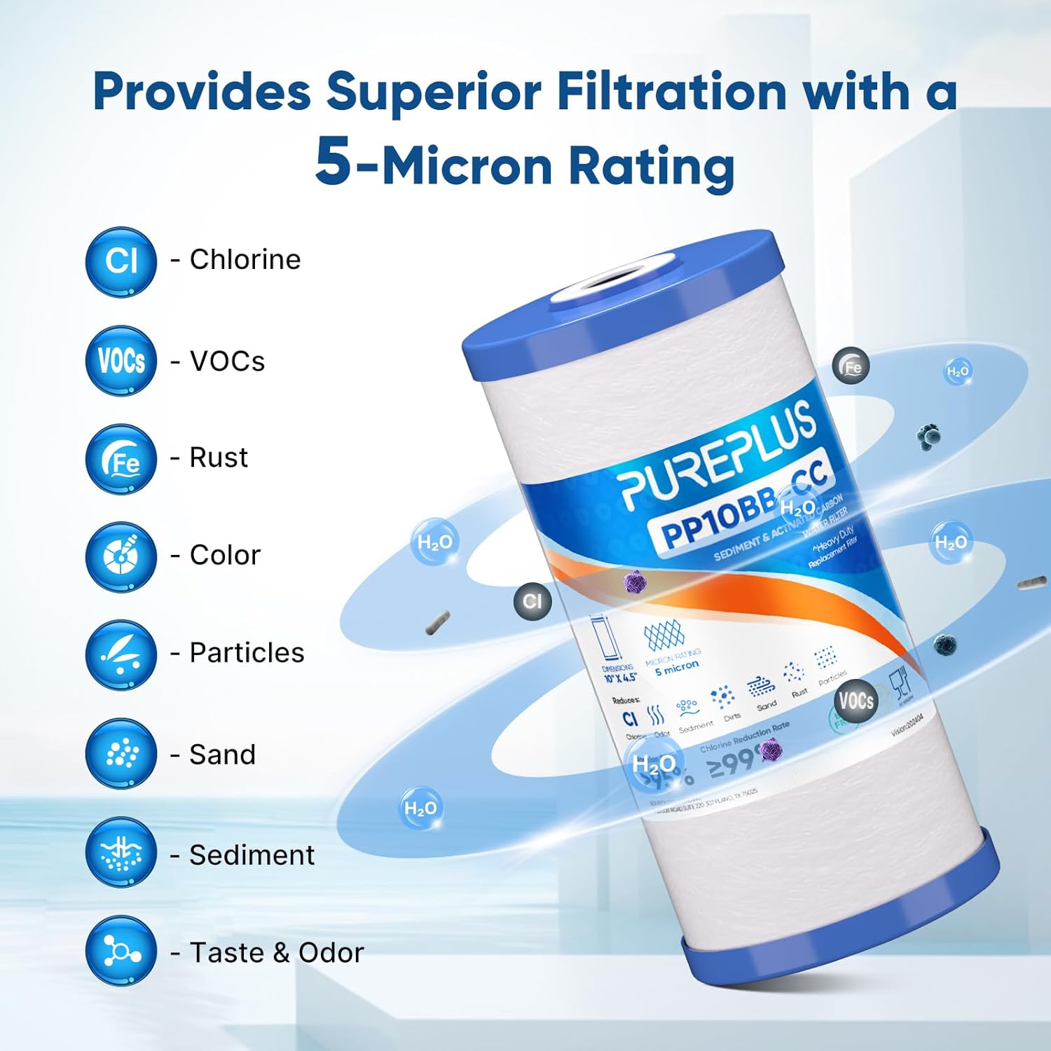 Thumbnail 4 de PUREPLUS 5 Micron 10" x 4.5" Whole House Sediment & Carbon Water Filter Replacement Cartridge (2-Pack)