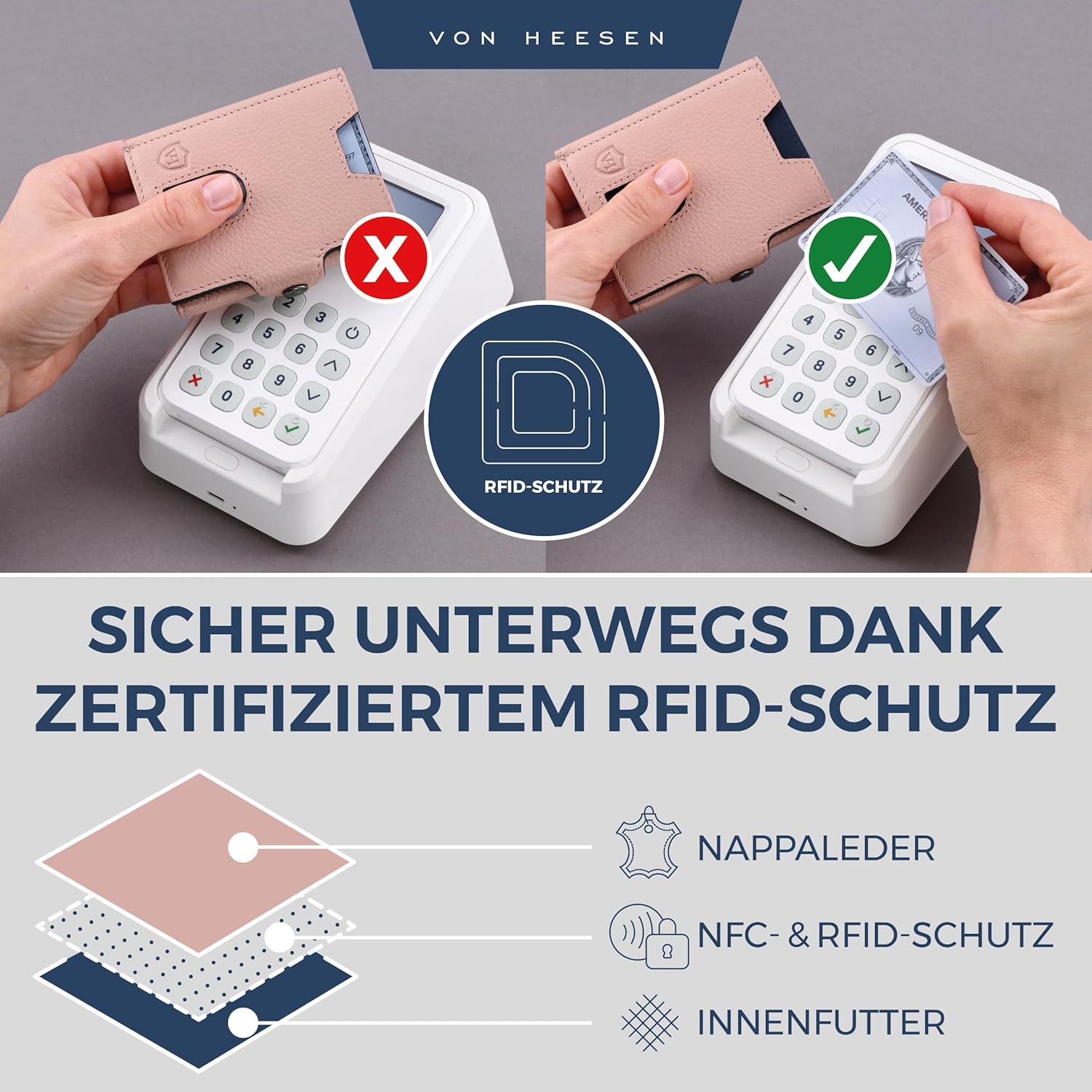 Thumbnail 2 de VON HEESEN Slim Wallet mit XXL Münzfach und RFID-Schutz – Nappa-Leder Kartenetui klein in Rose