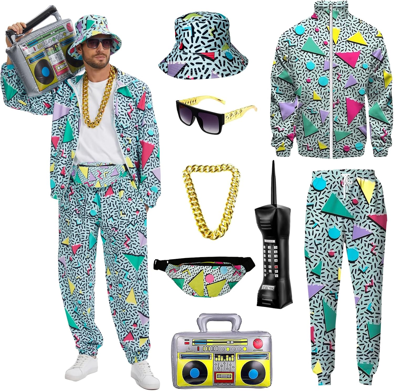 Detalle de OPAEHJF 80s/90s Men’s Tracksuit Costume Set (8 pieces) – neon windbreaker, hat, sunglasses & more