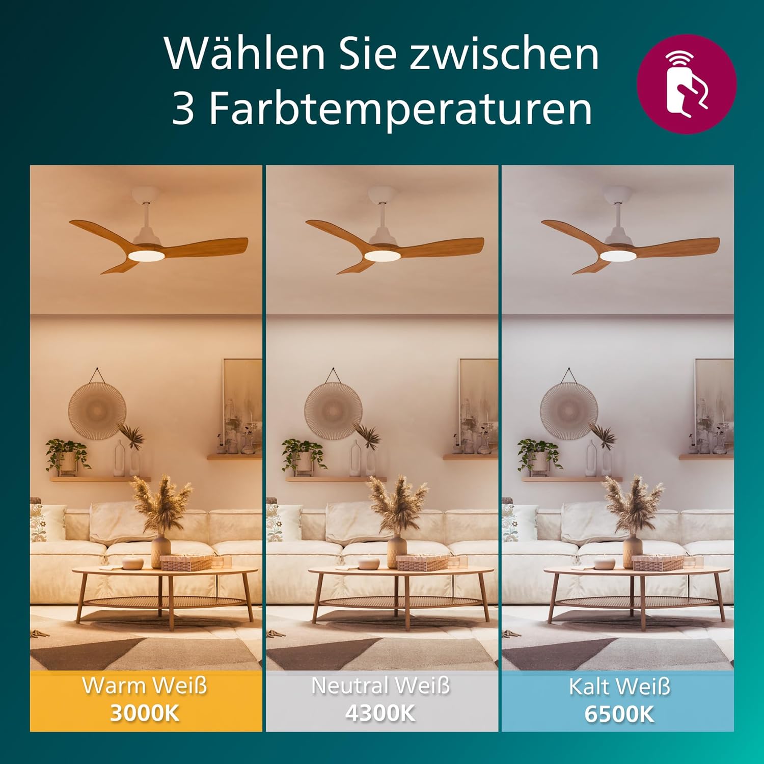 Thumbnail 5 de Philips Olas Deckenventilator mit LED-Leuchte – 106 cm Durchmesser, 3 Flügel, dimmbares Licht