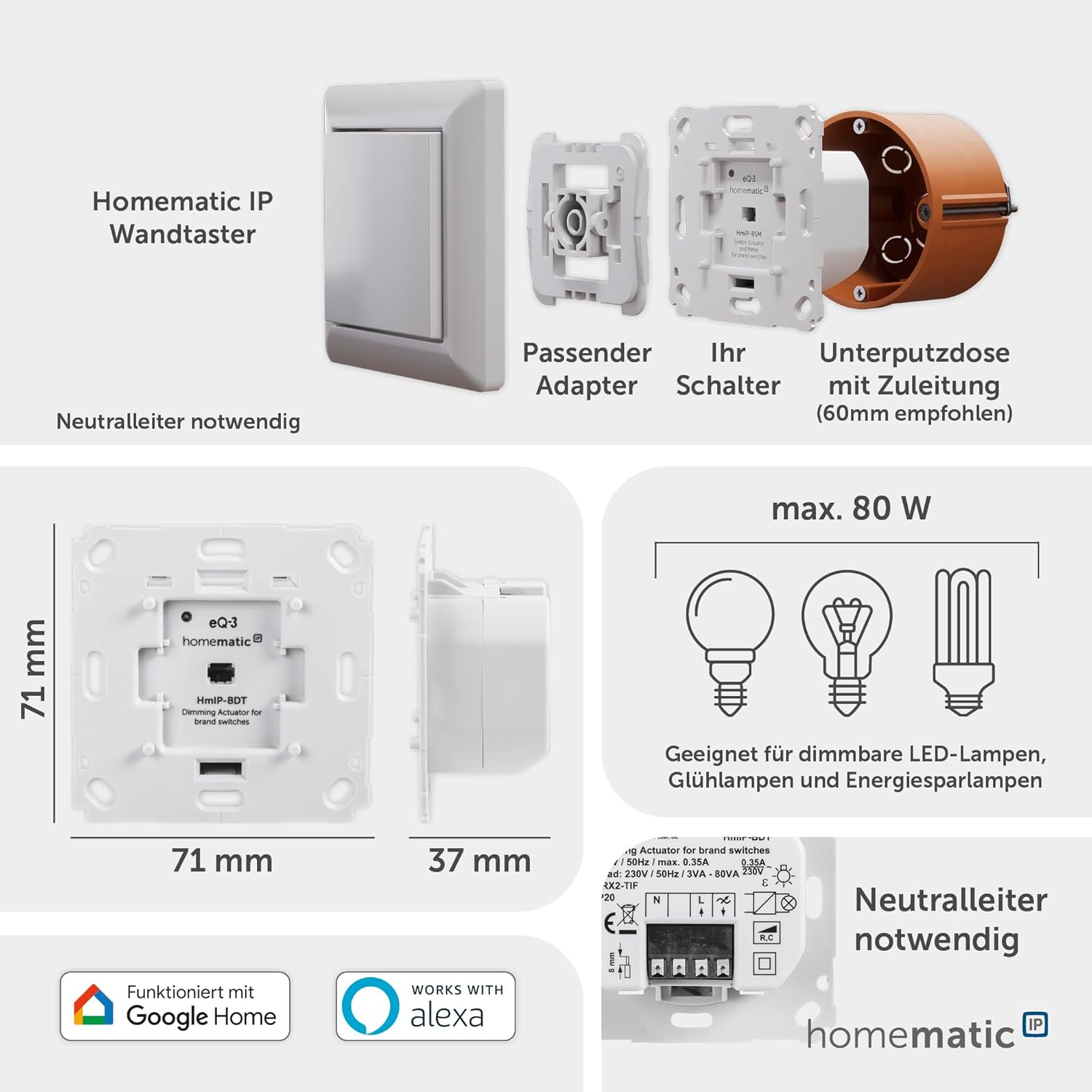 Thumbnail 2 de Homematic IP Dimmaktor für Markenschalter Phasenabschnitt (143166A0) – Smart-Home-Dimmer für dimmbare Leuchtmittel