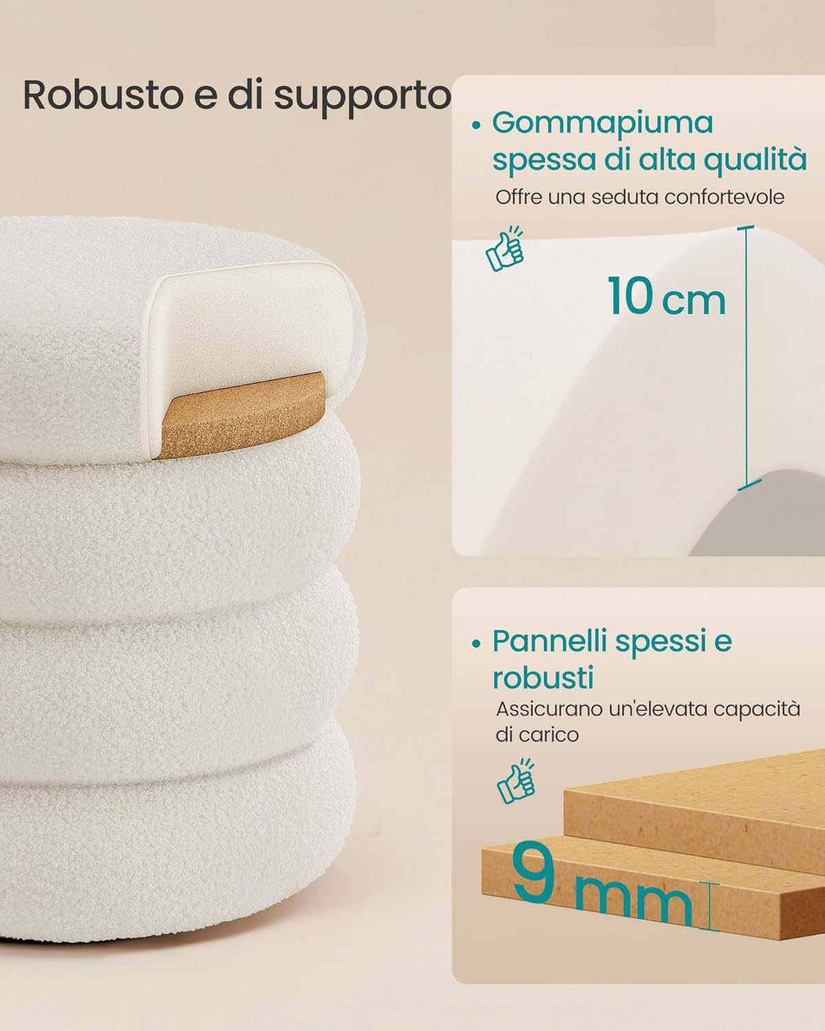 Detalle de SONGMICS Sgabello Trucco LOM015WD01: pouf contenitore rotondo imbottito con coperchio rimovibile