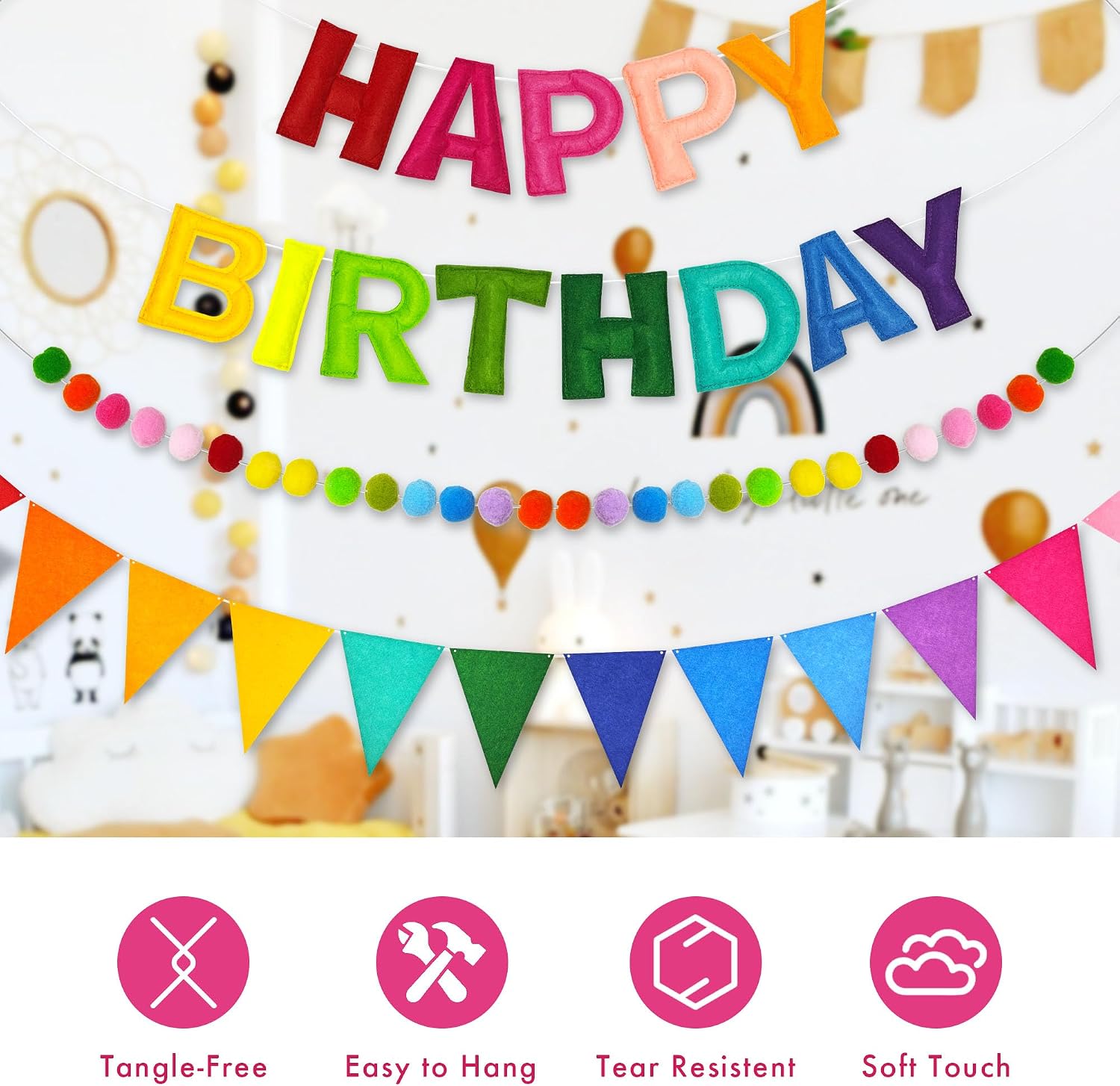 Detalle de CANREVEL FHBBS-001 3-Piece Rainbow Felt Birthday Banner Set, Pre-Strung