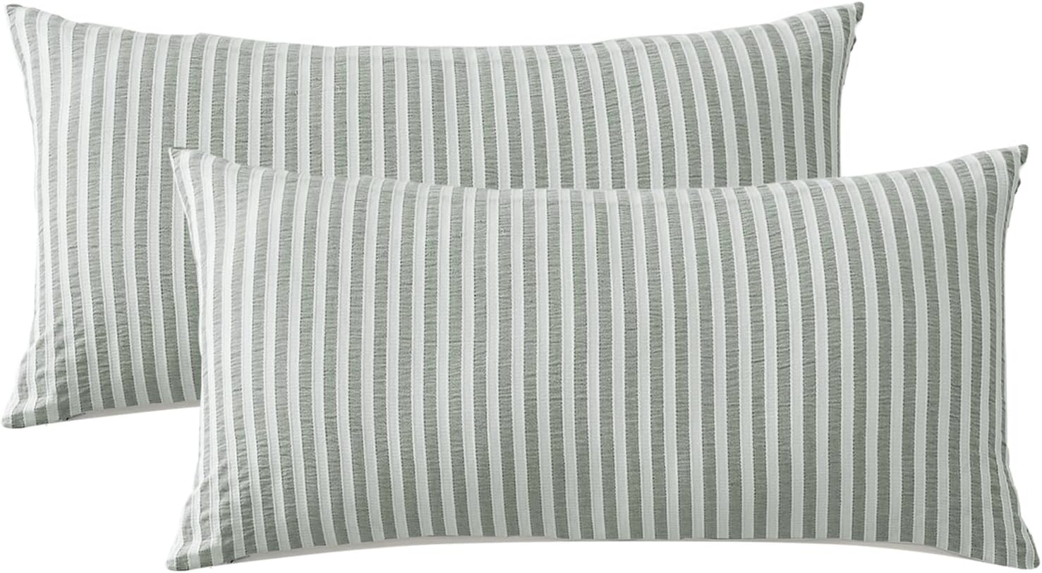 Detalle de SOULFUL Kissenbezüge 40x80 aus Baumwolle, gestreift & Jacquard, stone-washed, mit Reißverschluss – Salbei Grün