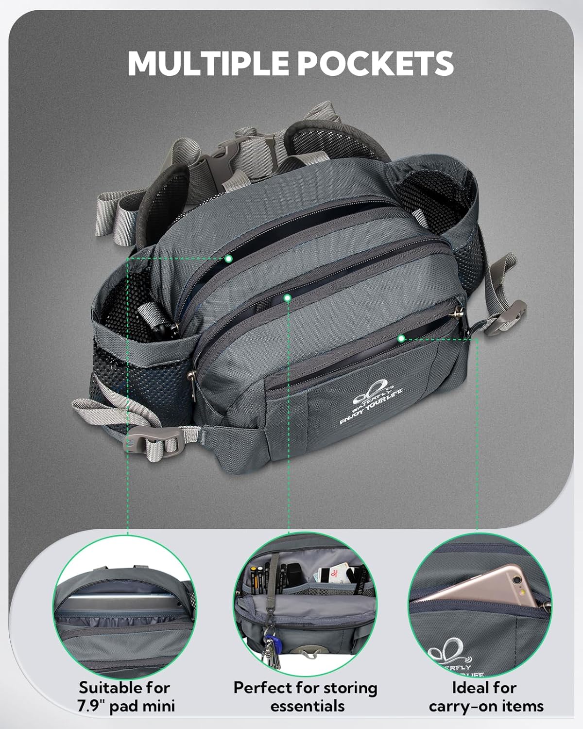 Detalle 2 de Waterfly Hiking Waist Pack Bum Bag with Bottle Holder: a versatile travel-ready waist bag