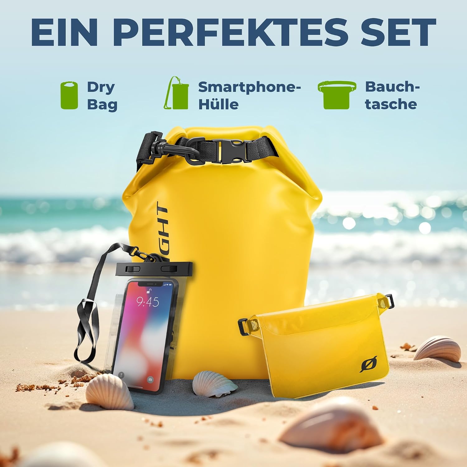 Detalle 2 de Nordlight Dry Bag wasserdichte Tasche – 2l bis 30l, Roll-Top, IPX8, inkl. Bauchtasche & Smartphone-Hülle