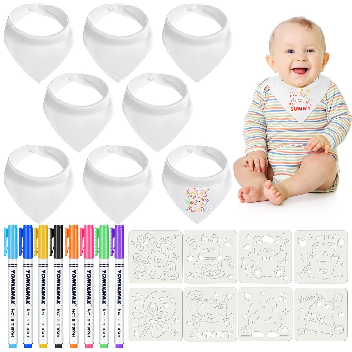 Detalle de Aolso Baby Lätzchen zum Bemalen (8er-Set) mit Textilstiften & Zeichenvorlagen – weiße Baumwoll-Lätzchen, 40 x 29 cm