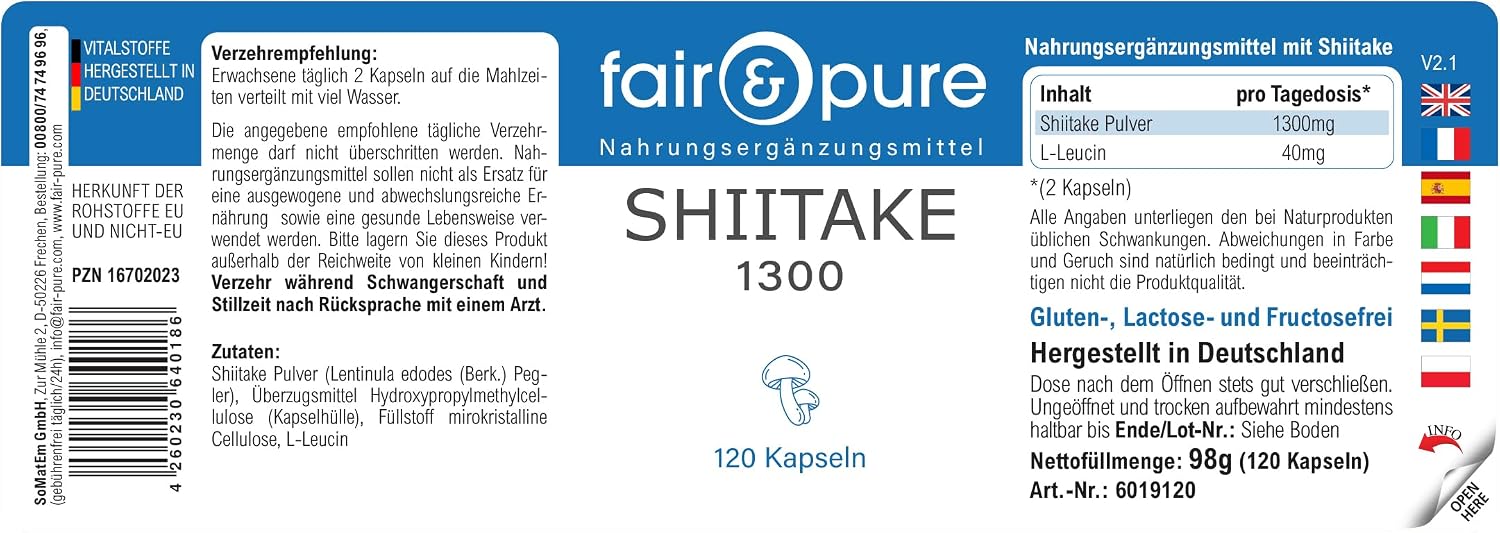 Thumbnail 6 de Fair & Pure Shiitake 1300 mg pro Tagesdosis – Veganes Nahrungsergänzungsmittel, 120 Kapseln, hergestellt in Deutschland