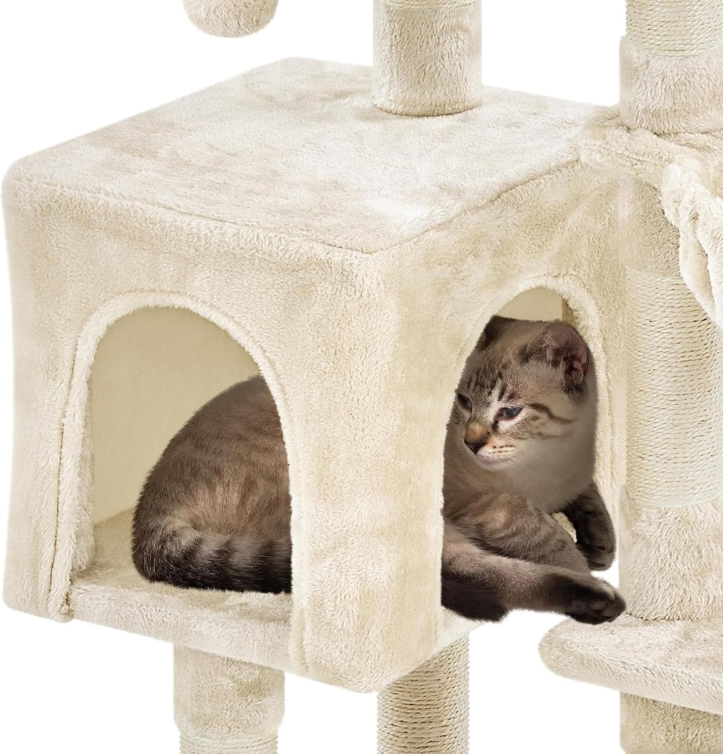 Detalle 1 de Yaheetech Multi-Level Cat Tree (96cm) with Large Condo Top Platform, Jangling Bell & Sisal Scratching Posts – Beige