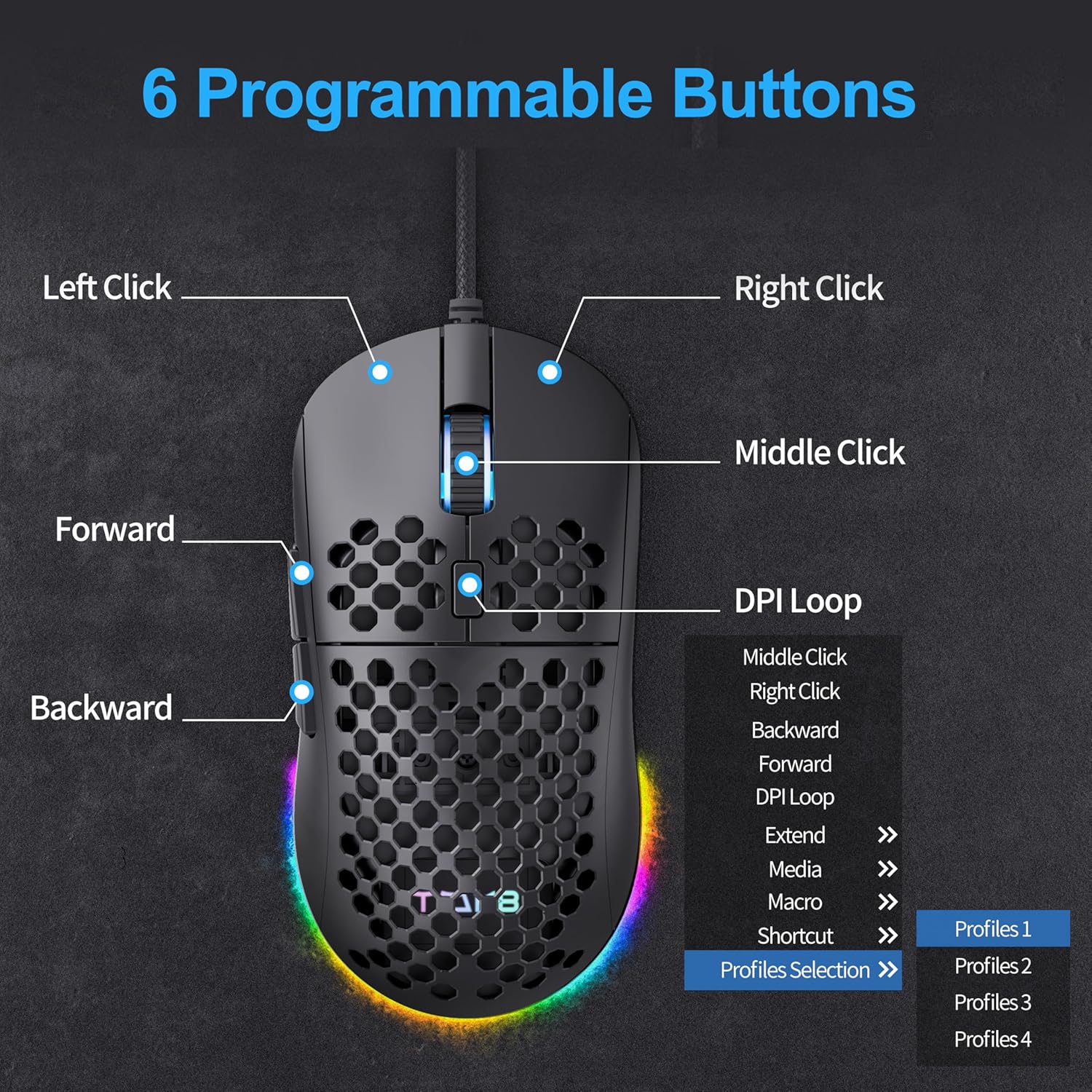 Thumbnail 2 de Dierya × TMKB M1SE Souris gamer filaire (capteur optique 12800 DPI, 6 boutons programmables, RGB)