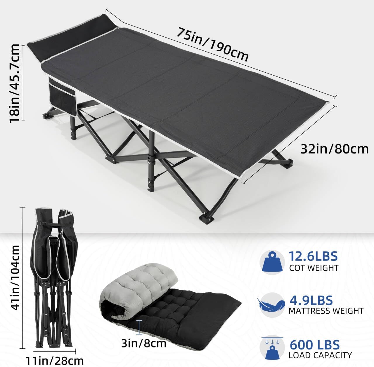 Detalle 2 de HABUTWAY Camping Cot with Mattress, 32-Inch Wide, 600 lb Capacity