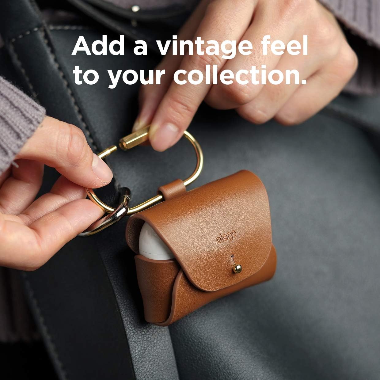 Detalle 2 de elago Étui en cuir pour AirPods Pro 2 (vrai cuir, marron) avec porte-clés en cuivre