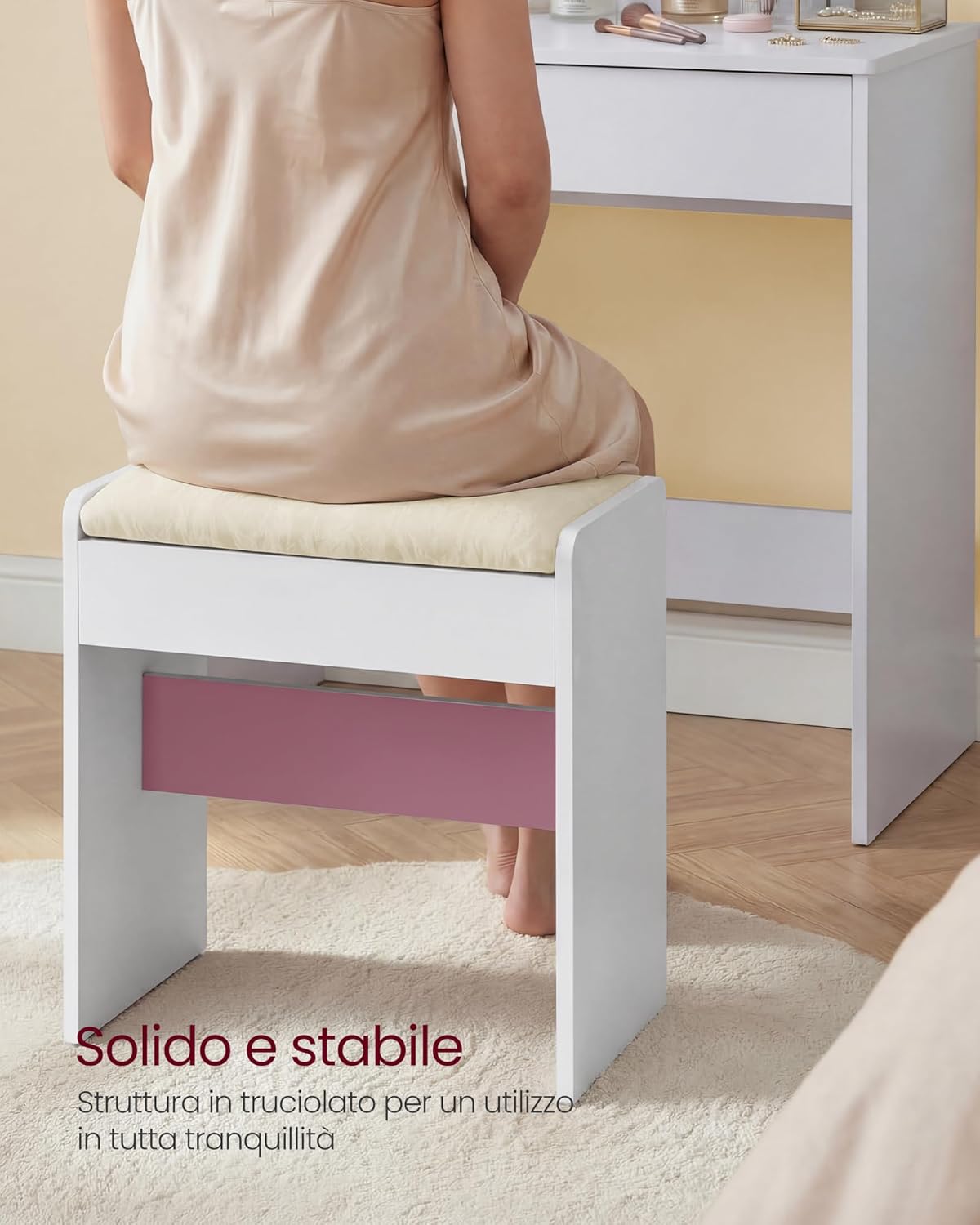 Thumbnail 5 de VASAGLE KAILYN Collezione – Sgabello Toeletta Trucco in velluto bianco opaco/crema, fino a 120 kg, Piedini antiscivolo