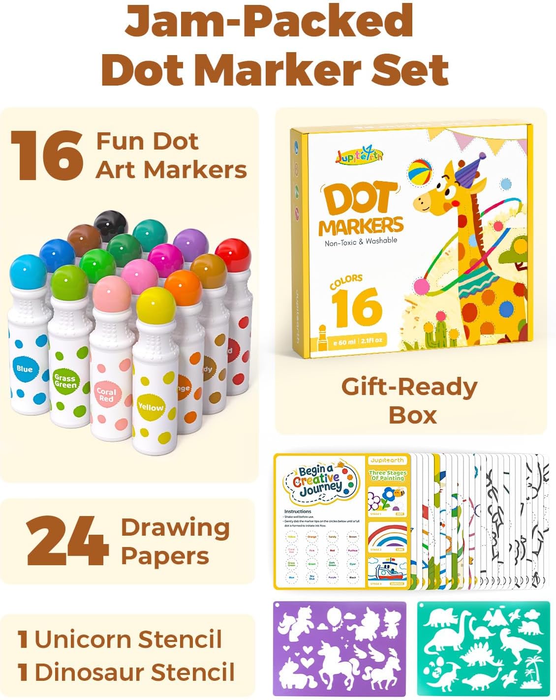 Thumbnail 1 de JUPITEARTH 42-piece Dot Markers set for toddlers (16 colours) with washable dot paint activities