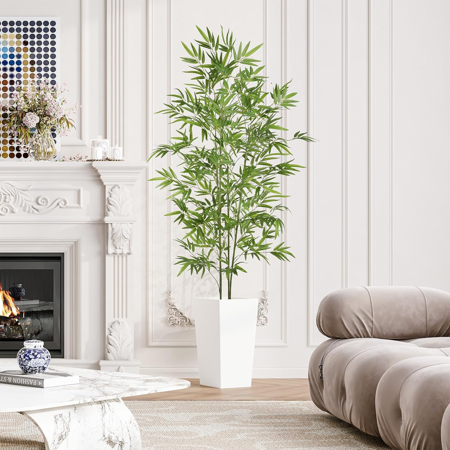 Detalle de YOLEO 6FT Artificial Bamboo Tree with White Tall Planter (180cm) – lifelike faux silk bamboo for indoor and balcony decor
