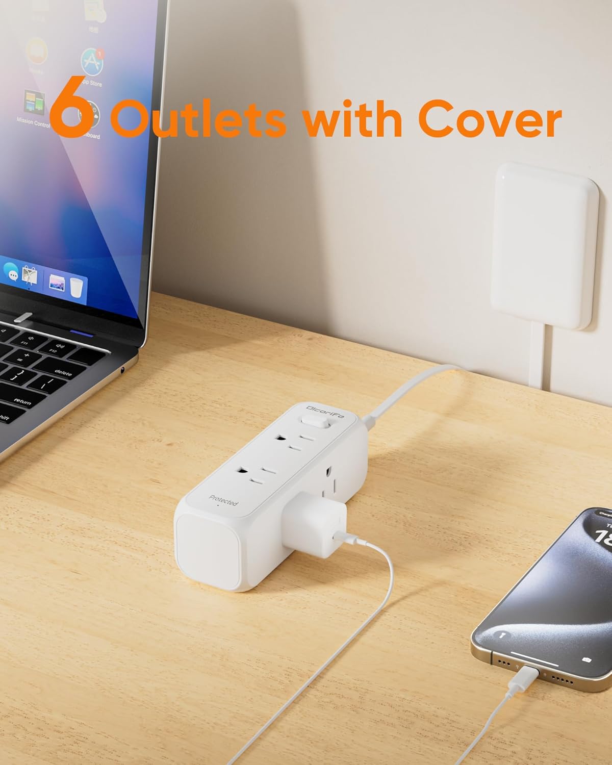 Detalle de Olcorife Flat Extension Cord with Outlet Cover — 6 Outlets, 3 ft, Flat Plug Power Strip