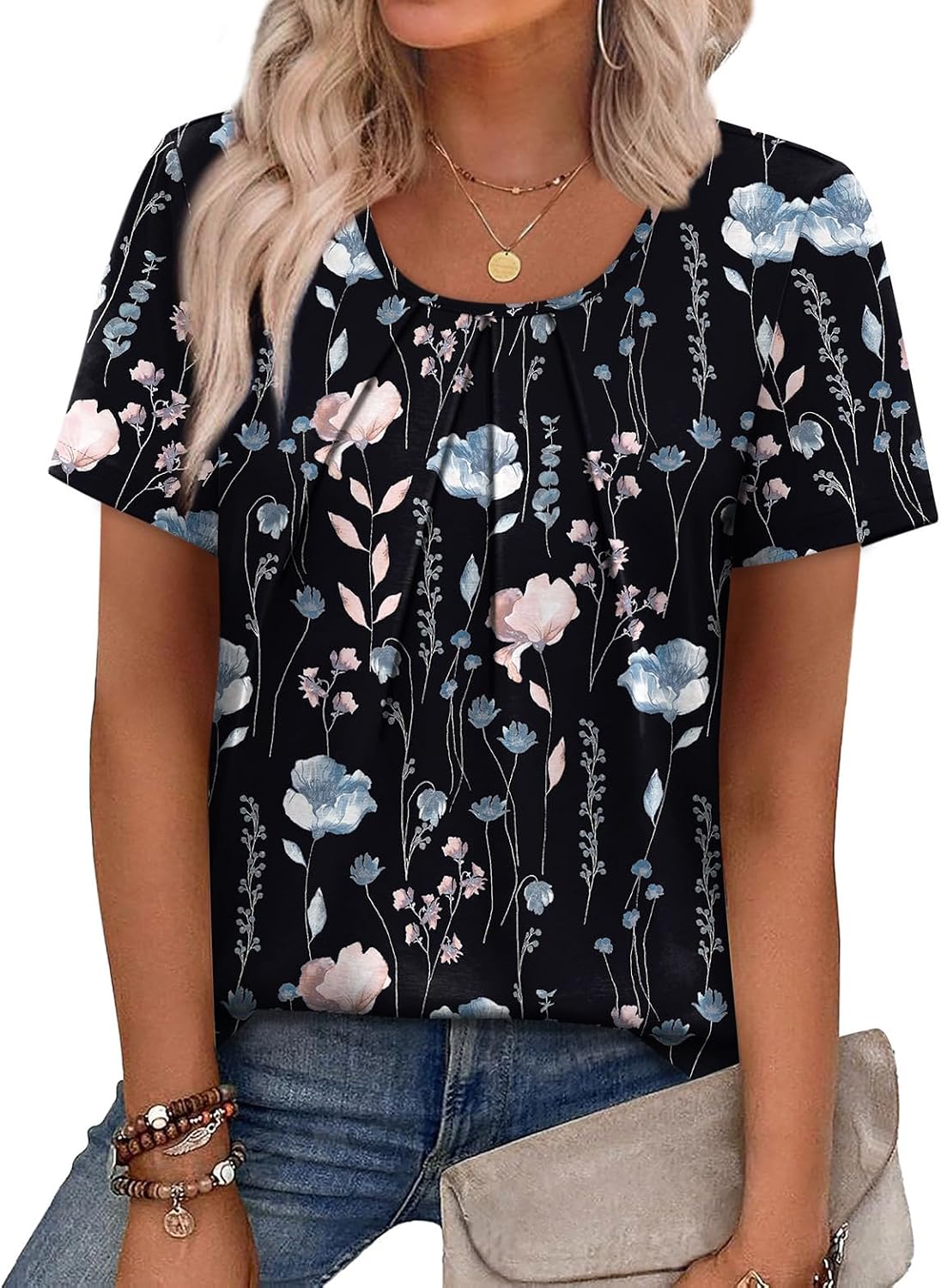 Detalle de WIHOLL Women Pleated Short Sleeve Top – Lightweight Business Casual Blouse