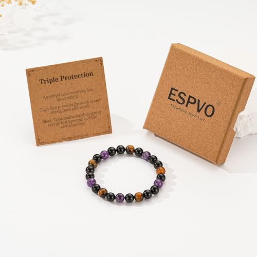 Detalle de ESPVO Crystal Bracelets Gift for Women – Amethyst, Tiger's Eye & Black Tourmaline Beaded Bracelet