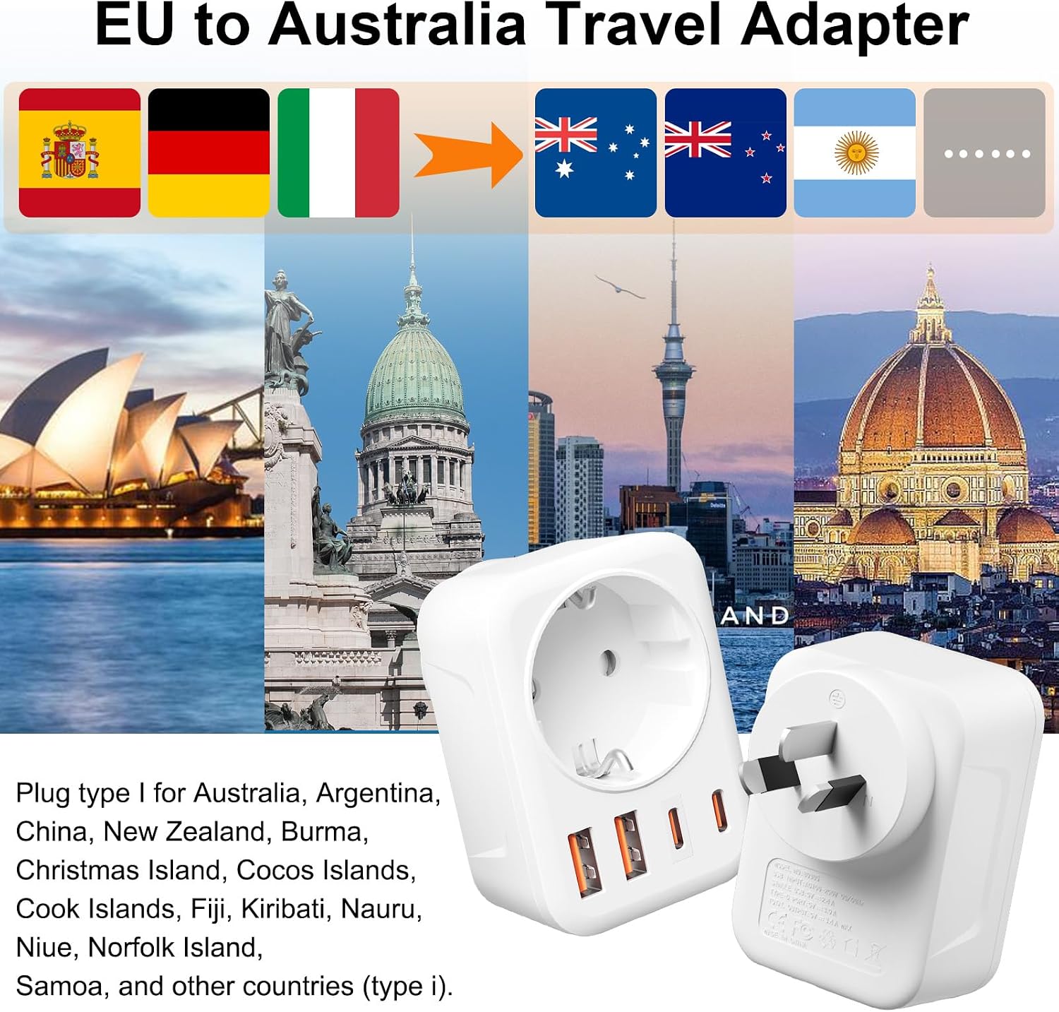 Thumbnail 3 de Reiseadapter Australien 5-in-1 (Typ I) mit 2× USB-C, 2× USB-A und AC für EU-Stecker