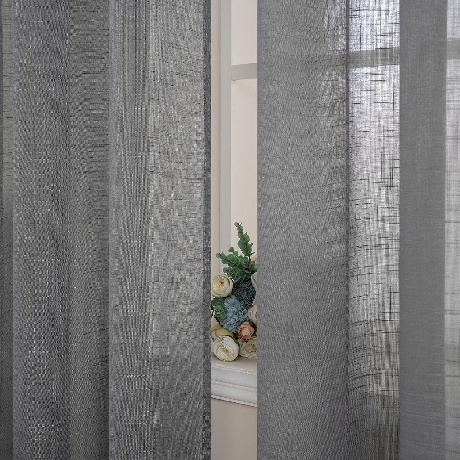Detalle de MIULEE 2er Set Voile Vorhang – Leinenvorhang Optik, Ösen, 140x225 cm, Dunkelgrau