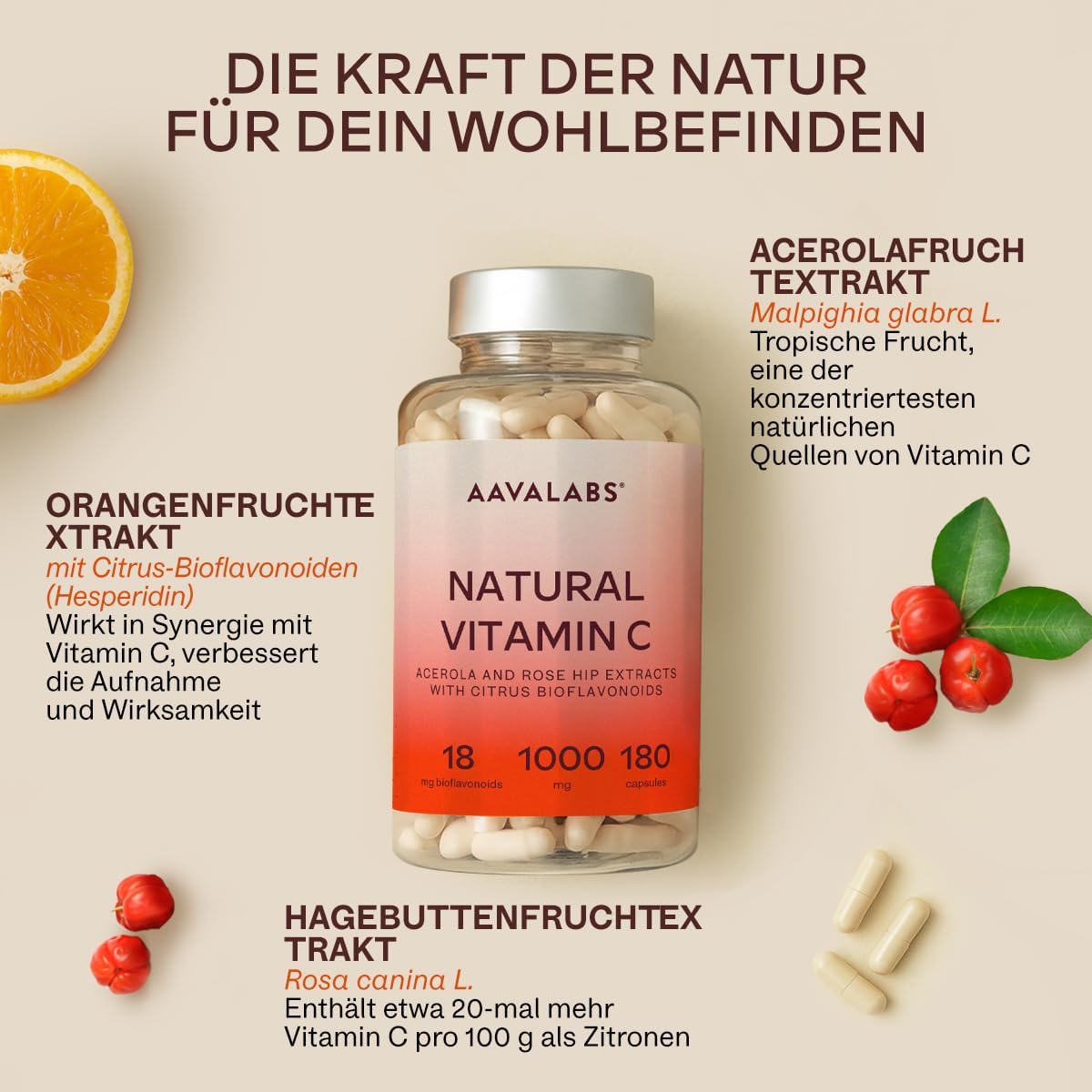 Detalle de Vitamin C Hochdosiert Vegan – Acerola Vitamin C 1000 mg pro Tagesdosis (2 Kapseln) mit Hagebutten und Zitrus-Bioflavonoiden, 180 Kapseln