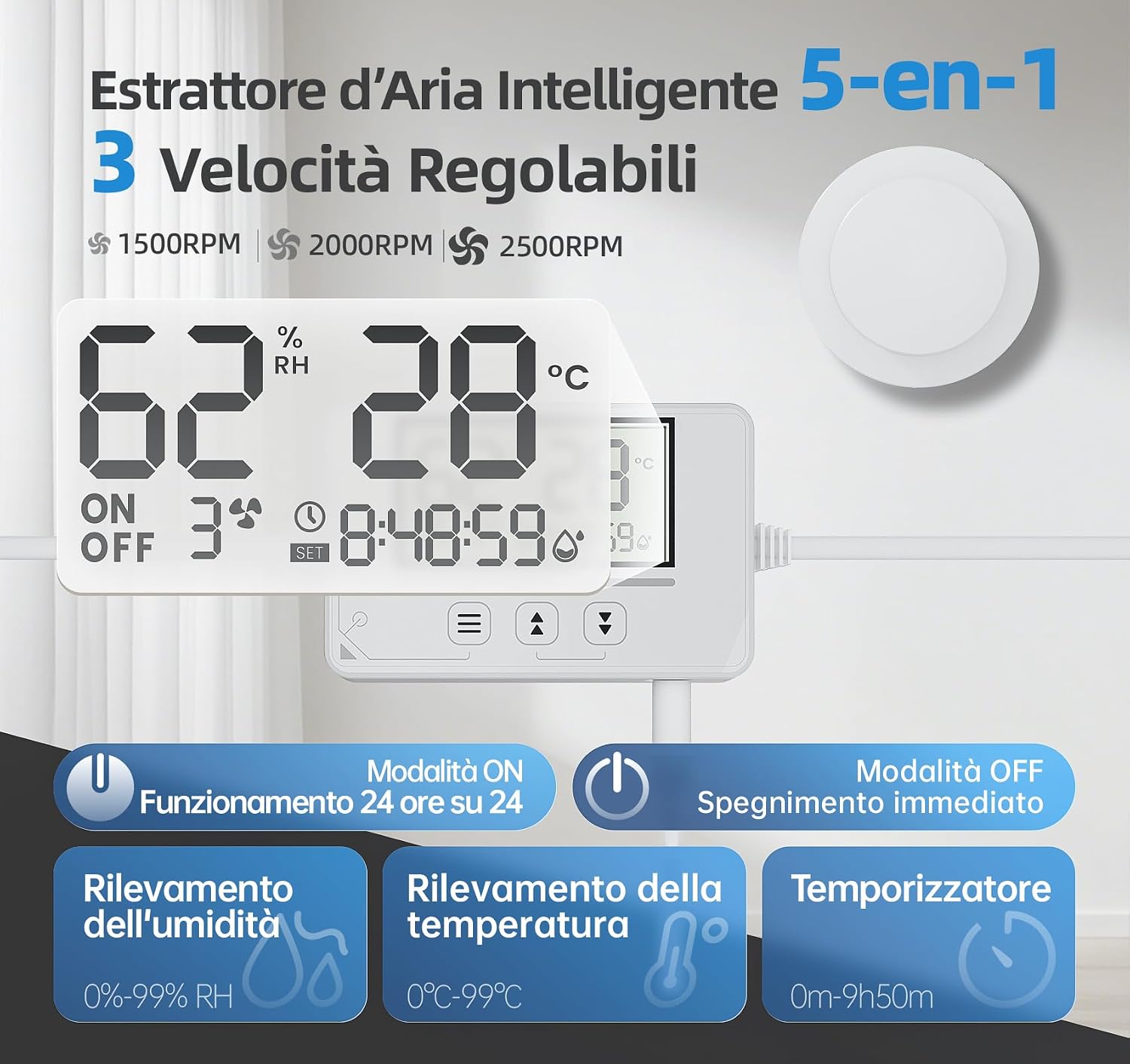 Detalle de BUMSOU Ventole di aerazione 100mm con sensore di umidità, sensore di temperatura e timer P109