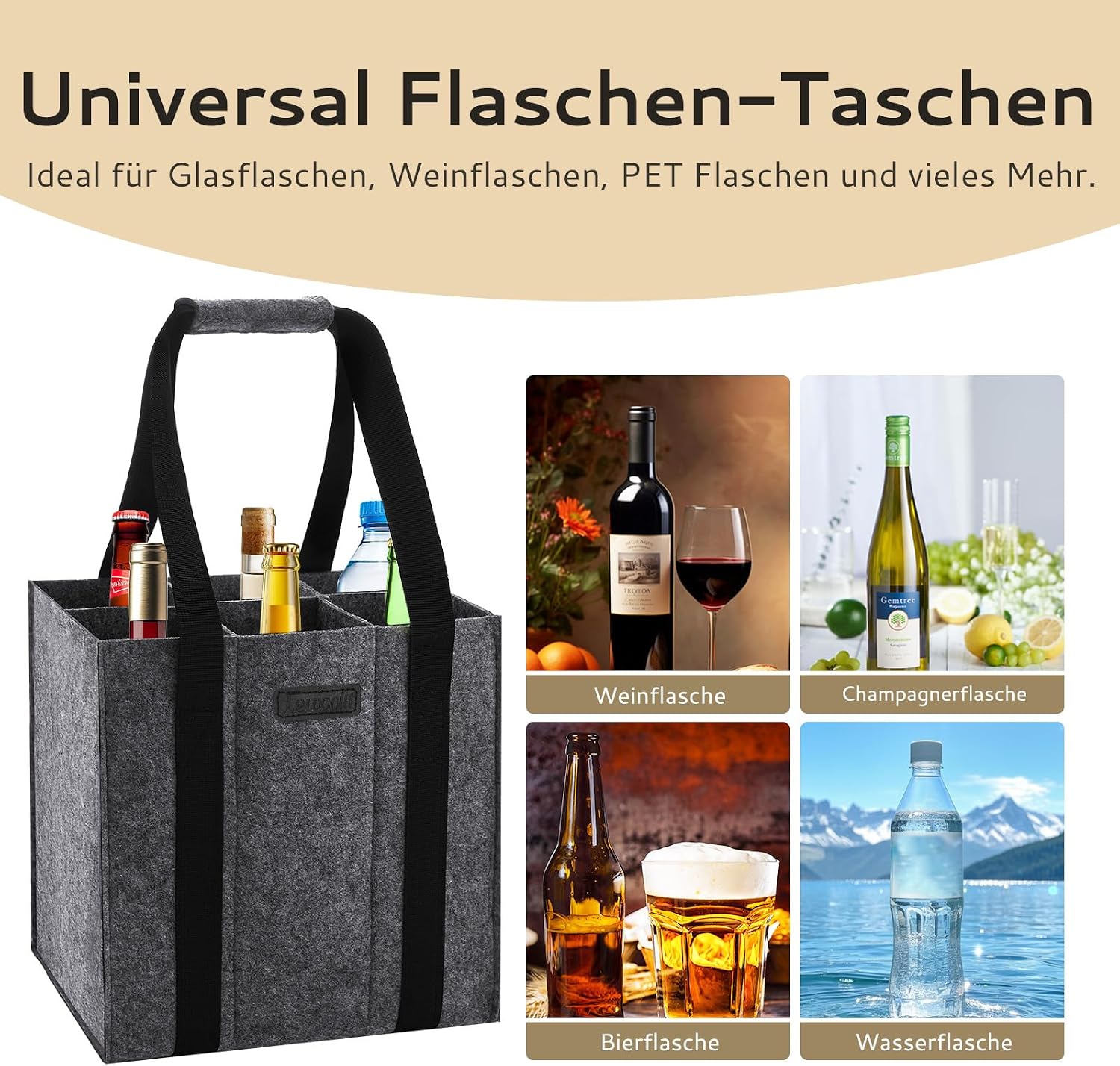 Thumbnail 4 de Lewooilt 2er-Set Filz-Flaschentaschen für 6 Flaschen mit 6 Fächern
