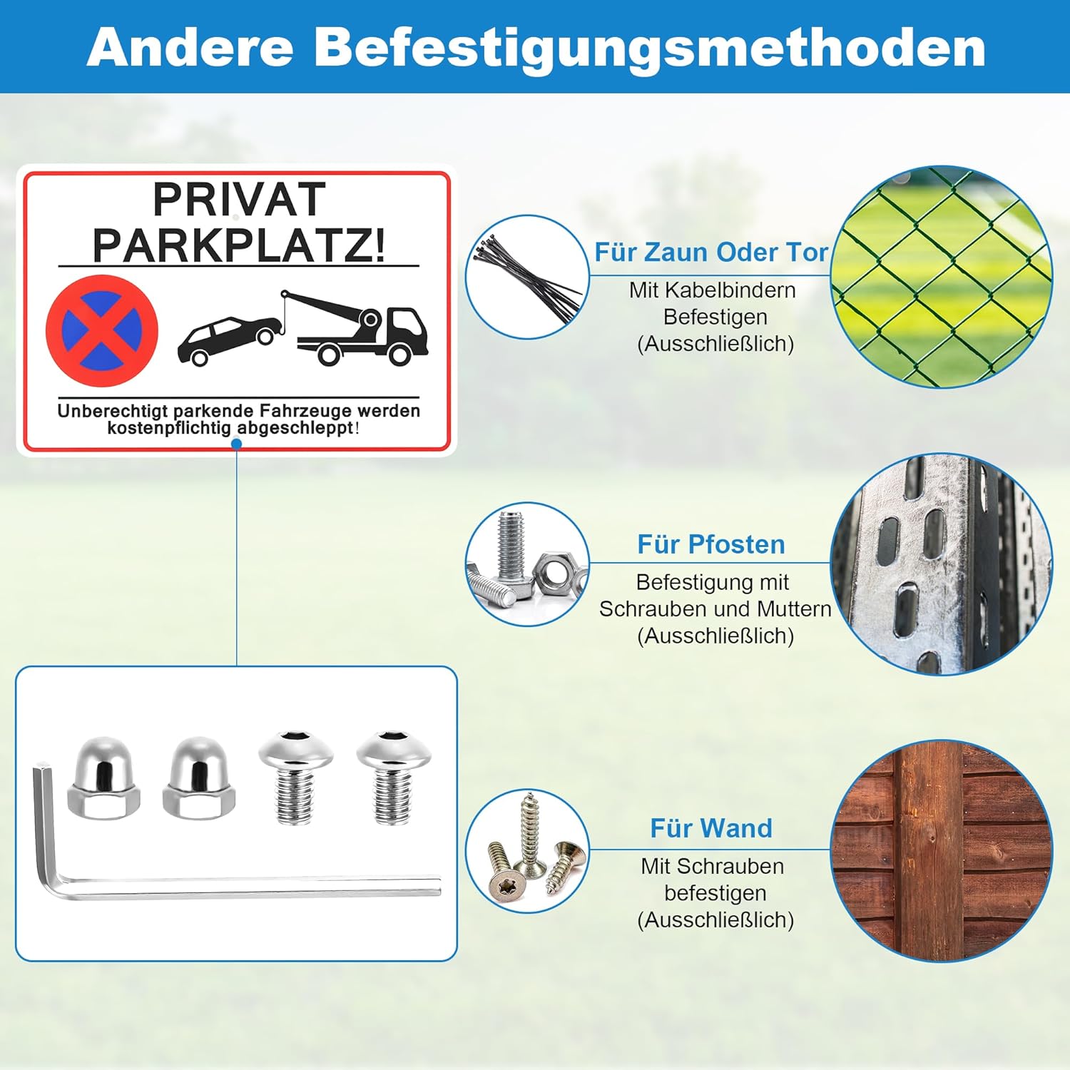 Thumbnail 2 de JIZZU Privatparkplatz Schild mit Pfosten, Aluminium 30x20 cm – „Parken verboten“ mit Hinweis auf Kostenpflicht und Abschleppen