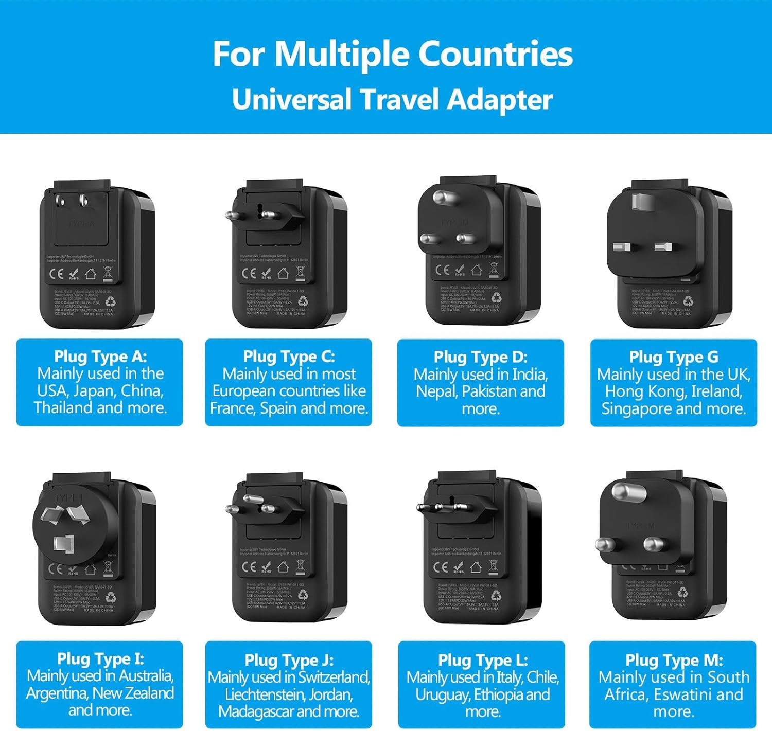 Thumbnail 1 de JSVER Adattatore di viaggio internazionale con 2 USB-A (QC 18W) e 2 USB-C (PD 20W) per oltre 180 paesi (Nero)