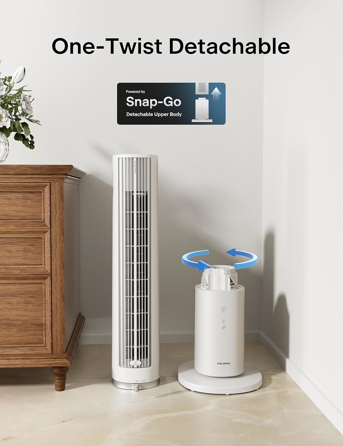 Detalle 2 de Pelonis 40-Inch Tower Fan for Bedroom with Washable Design, 2000 CFM, 4 Speeds + 2 Modes, 90° Oscillation