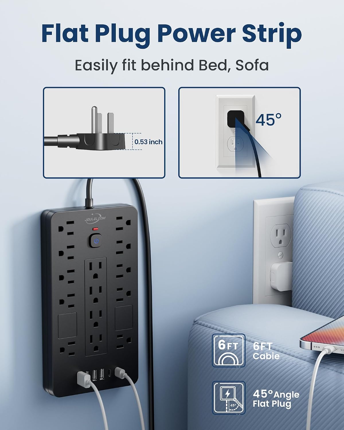 Detalle de JouleLoom TT-US814 Power Strip, 14 AC Outlets, 6 USB Ports, 6-ft Cord