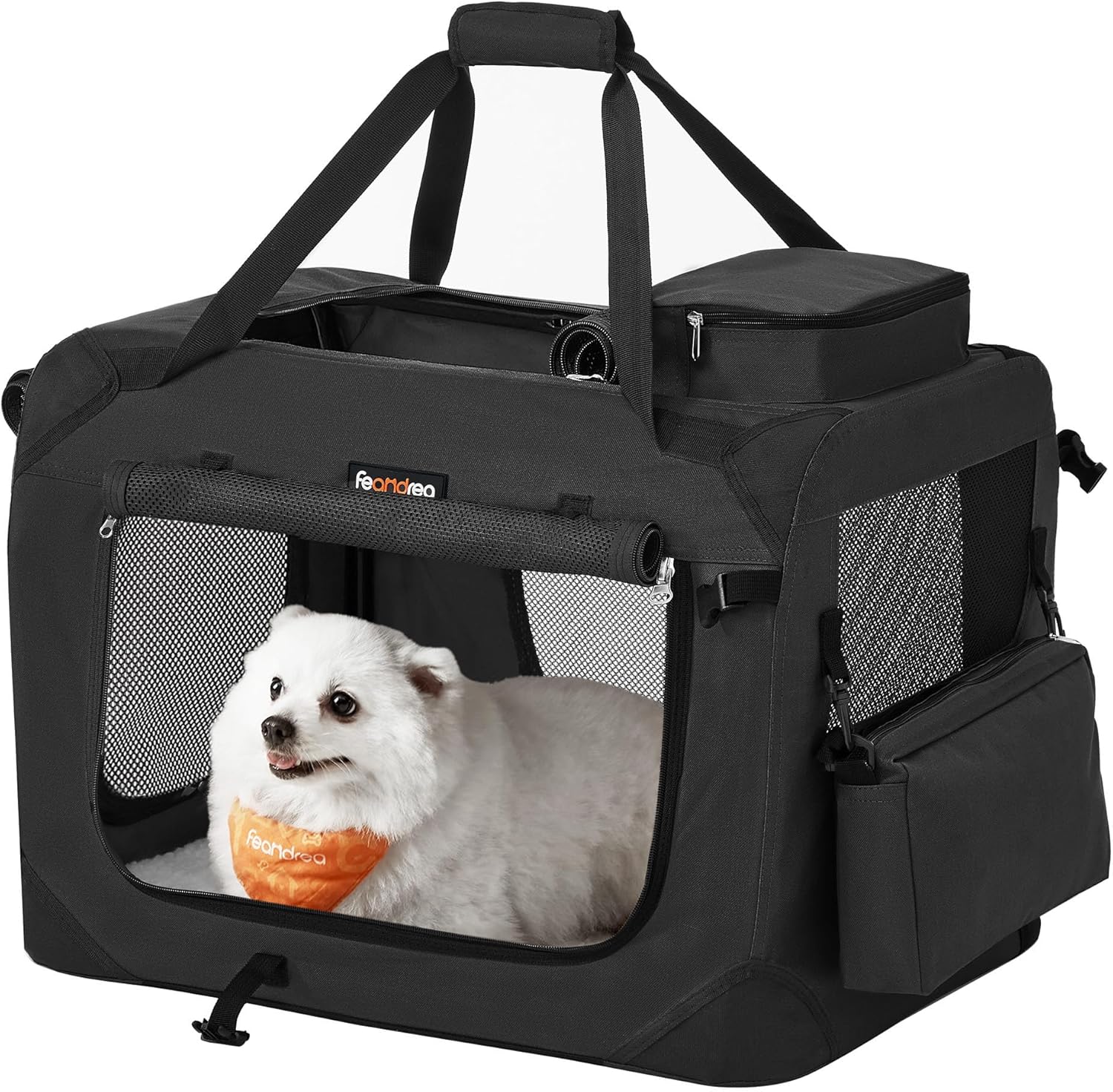 Detalle de Feandrea Hundebox faltbar, Transportbox Hund, 60 x 42 x 42 cm, Oxford-Gewebe, Netzstoff, Metallrahmen – robust, tragbar und faltbar