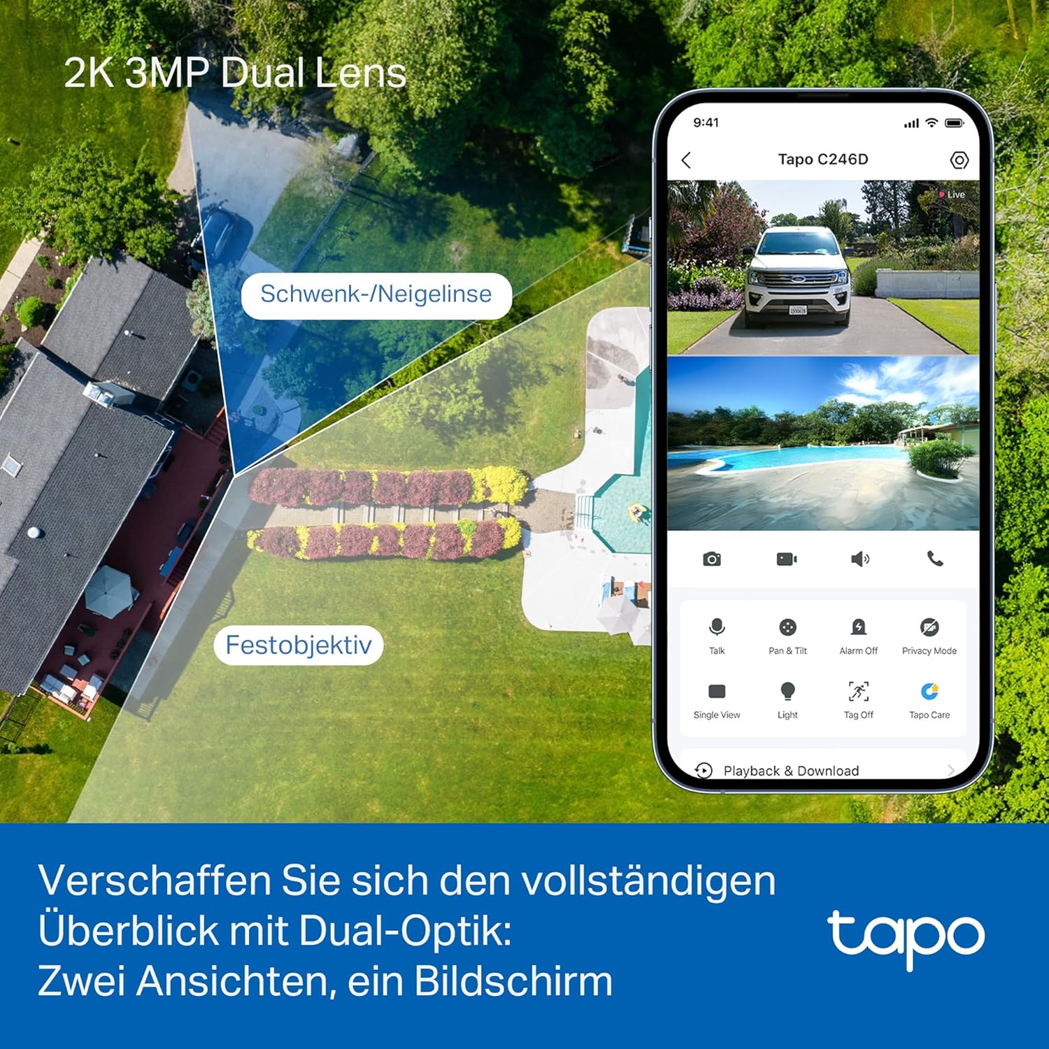 Thumbnail 1 de Tapo C246D WLAN Außenüberwachungskamera mit 2K Dual-Objektiv – 125° Weitwinkel + 6 mm Teleobjektiv