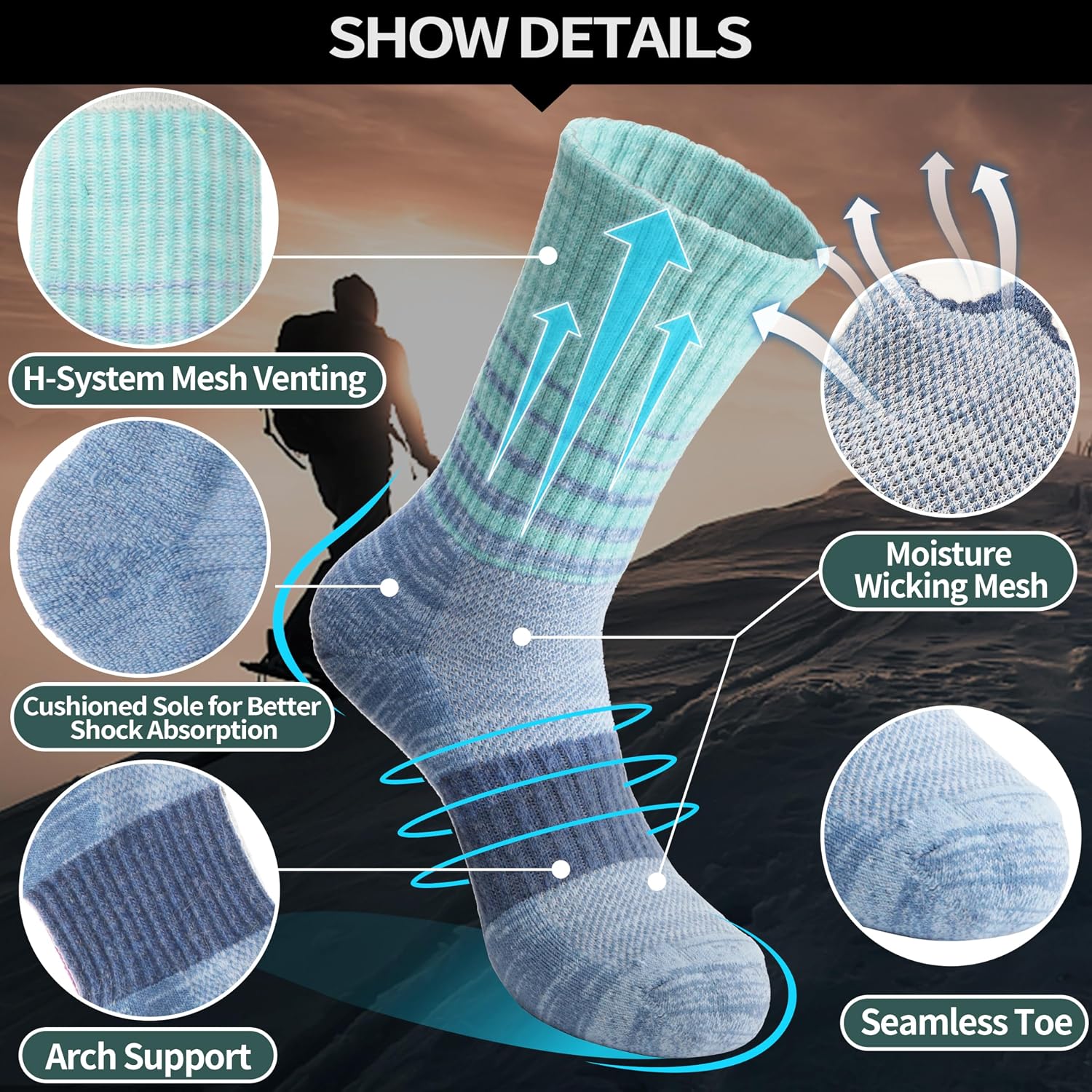 Detalle de Anlisim Merino Wool Hiking & Running Socks for Women, 5 Pairs with Arch Support