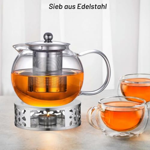 Detalle de GBKDQQ Glas Teekanne mit Stövchen Set, 1300 ml – Borosilikatglas, Siebeinsatz & Teelichtofen