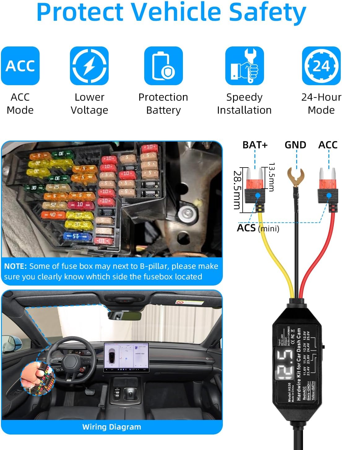 Thumbnail 6 de RIIEYOCA USB-C Dash Cam Hardwire Kit with LED Screen (12V–24V to 5V) with ACC support