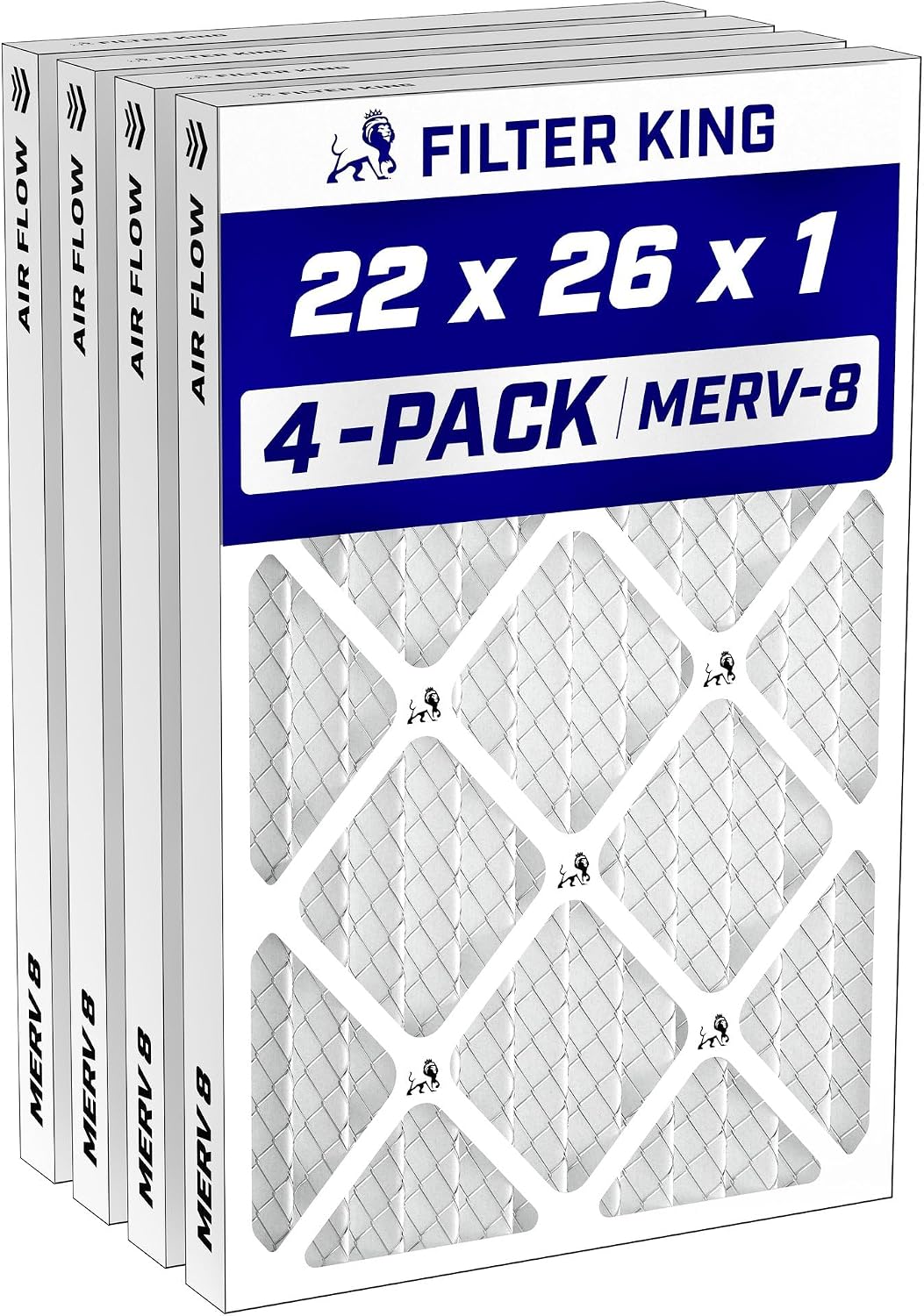 Detalle de Filter King 22x26x1 Air Filter, MERV 8, 4-Pack, Actual Size 21.5 x 25.5 x 0.75 in