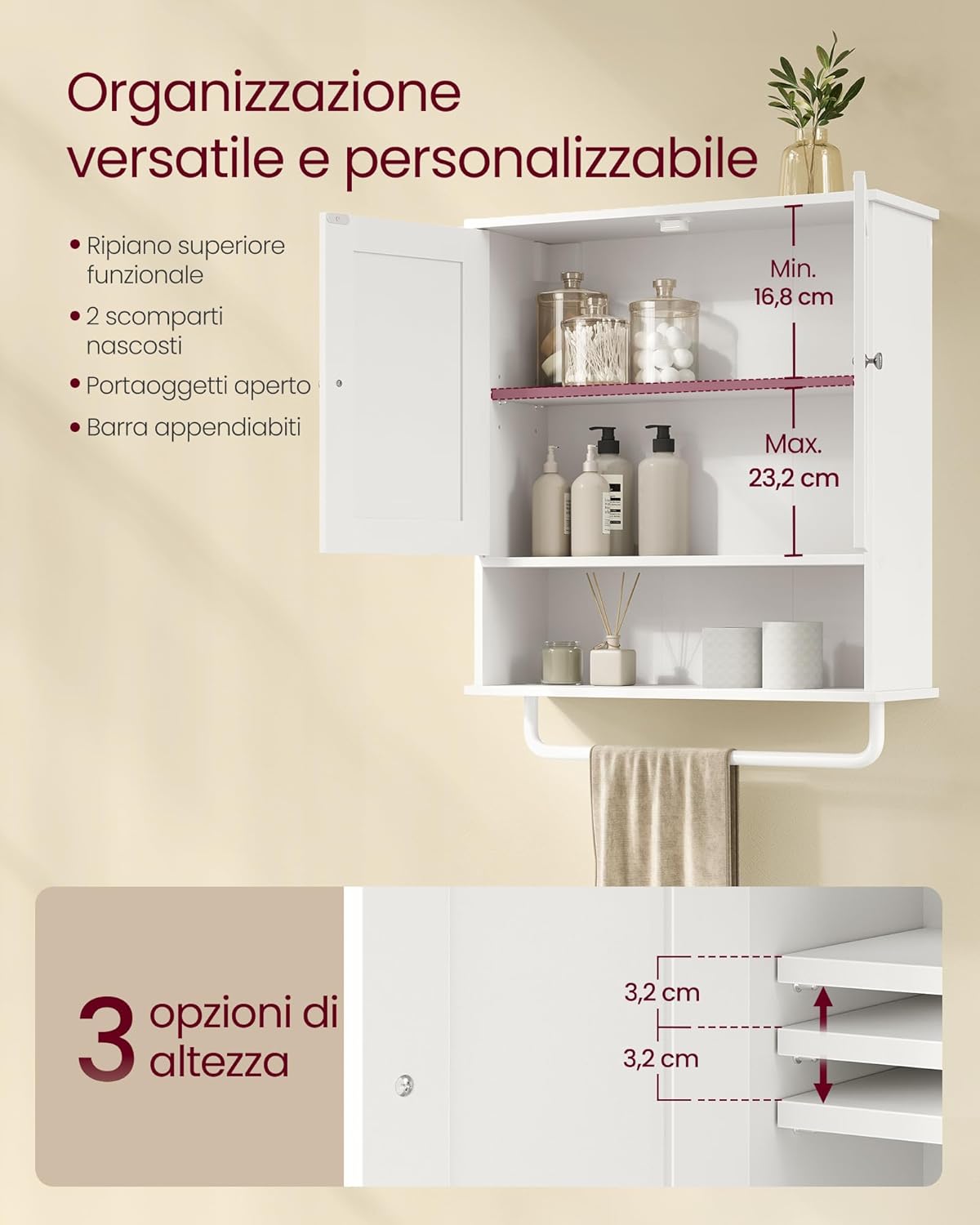 Detalle de VASAGLE SIREN Collezione: Mobile da Bagno Sospeso con Bar Porta-Asciugamani, Armadietto a Parete 56 cm, Bianco Nuvola BBK149WB01
