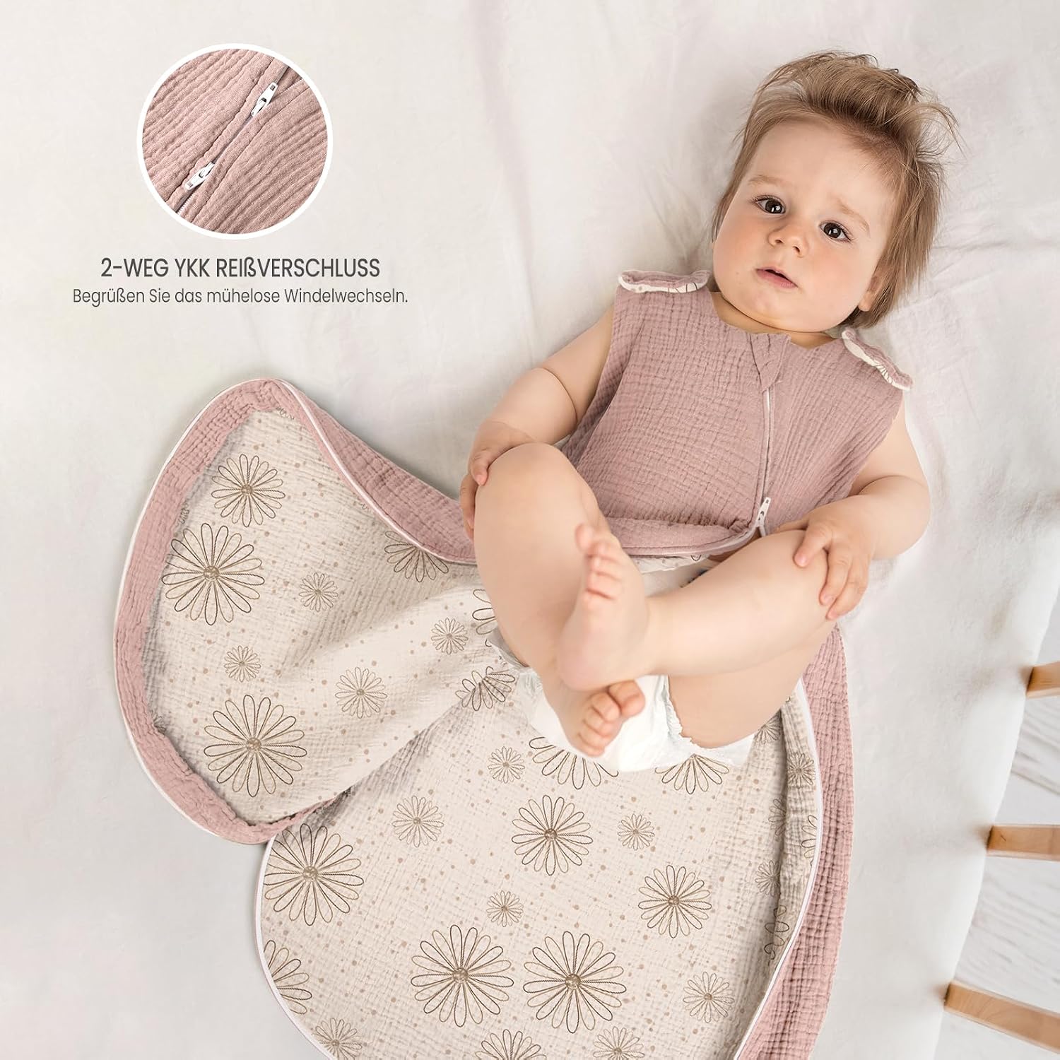 Detalle de lulumoon Baby-Schlafsack (3–9 Monate) aus Musselin mit Doppelschicht, YKK-Reißverschluss – 70 cm