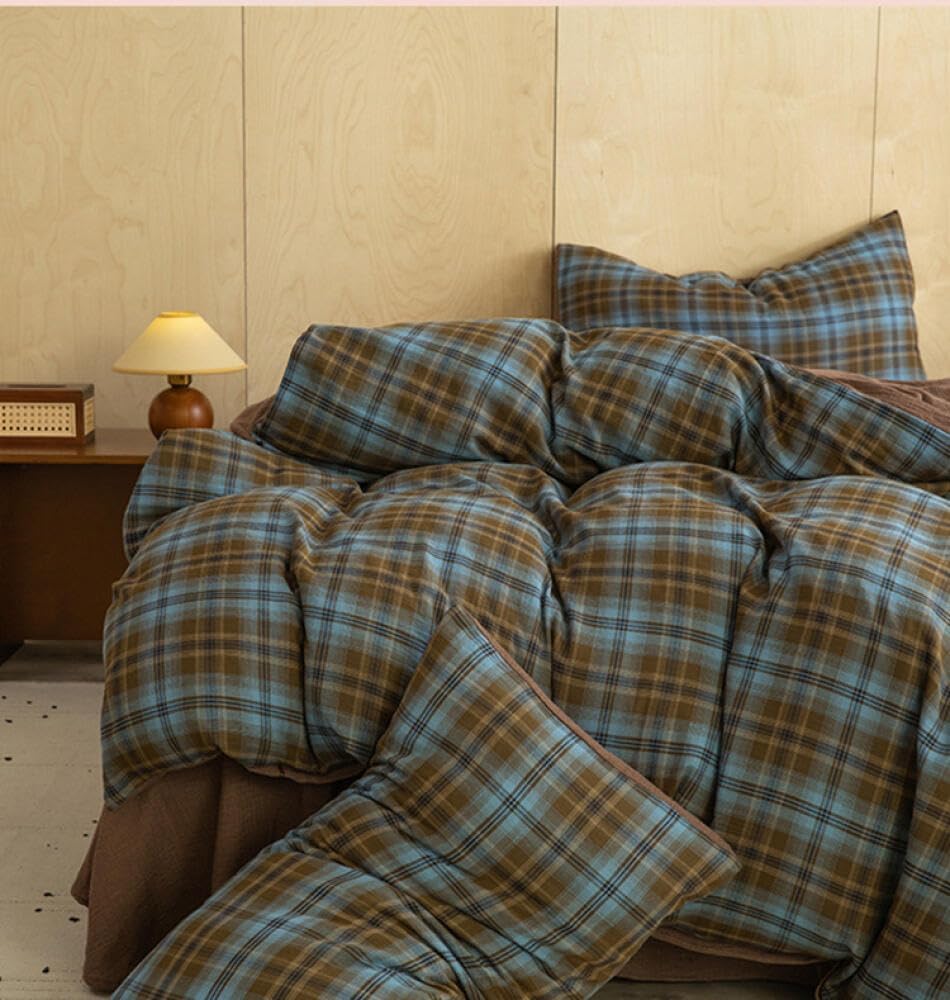 Detalle de Freyamy Housse de Couette 200x200 cm à Carreaux Vichy Vert Marron - Ensemble 2 pièces en Microfibre