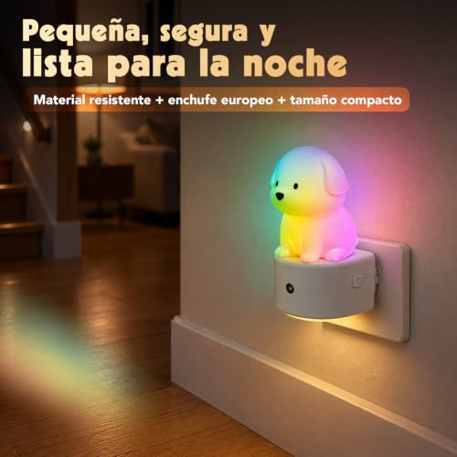Detalle de AMHÖ Luz Nocturna Infantil con Enchufe Perro 3D: lunares colores suaves para dormir sin sobresaltos